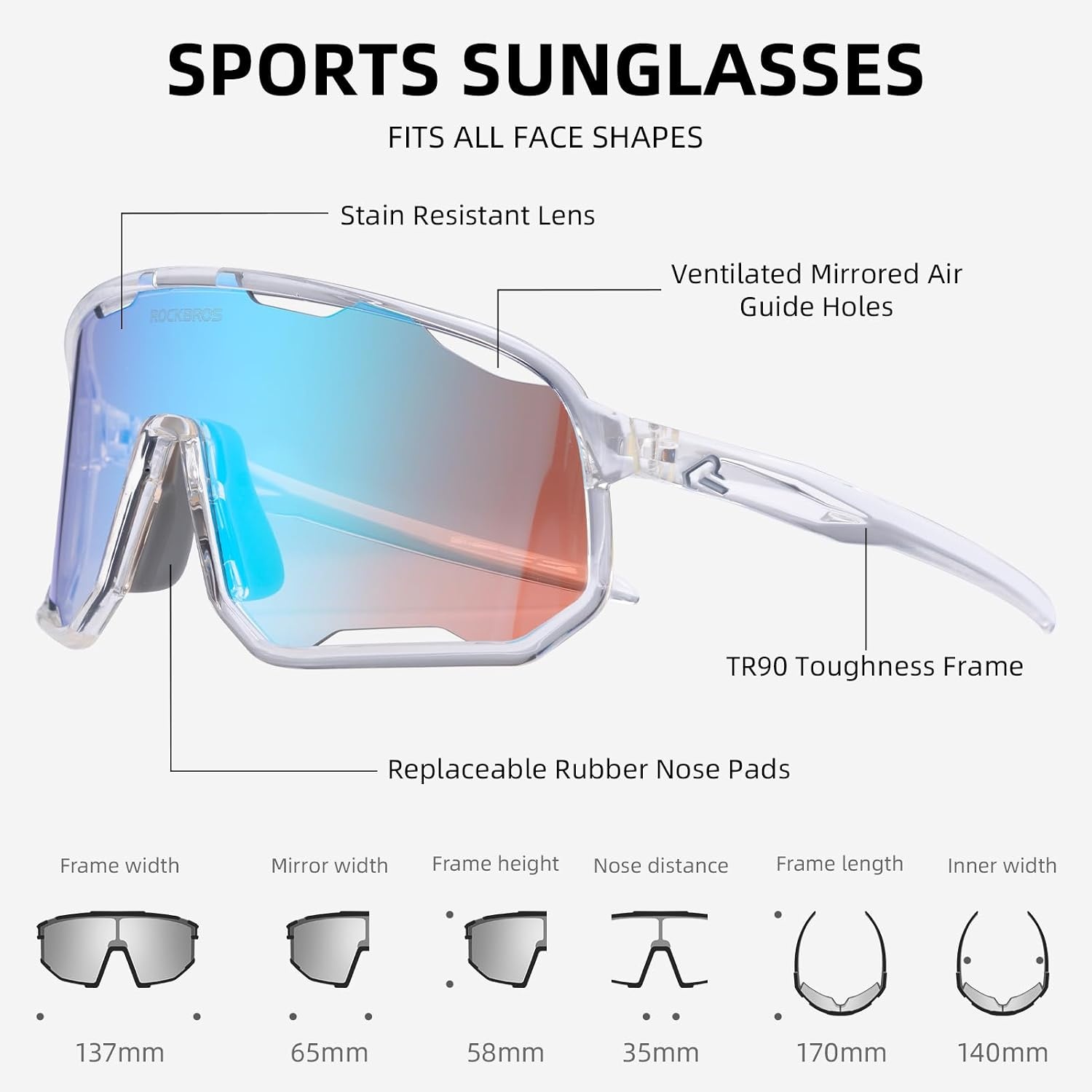 image:imageROCKBROS Photochromic Sunglasses for Men WomenUV400 Protection Cycling GlassesMTB Cycling Sports Sunglasses3 LensesPhotochromicice Blue