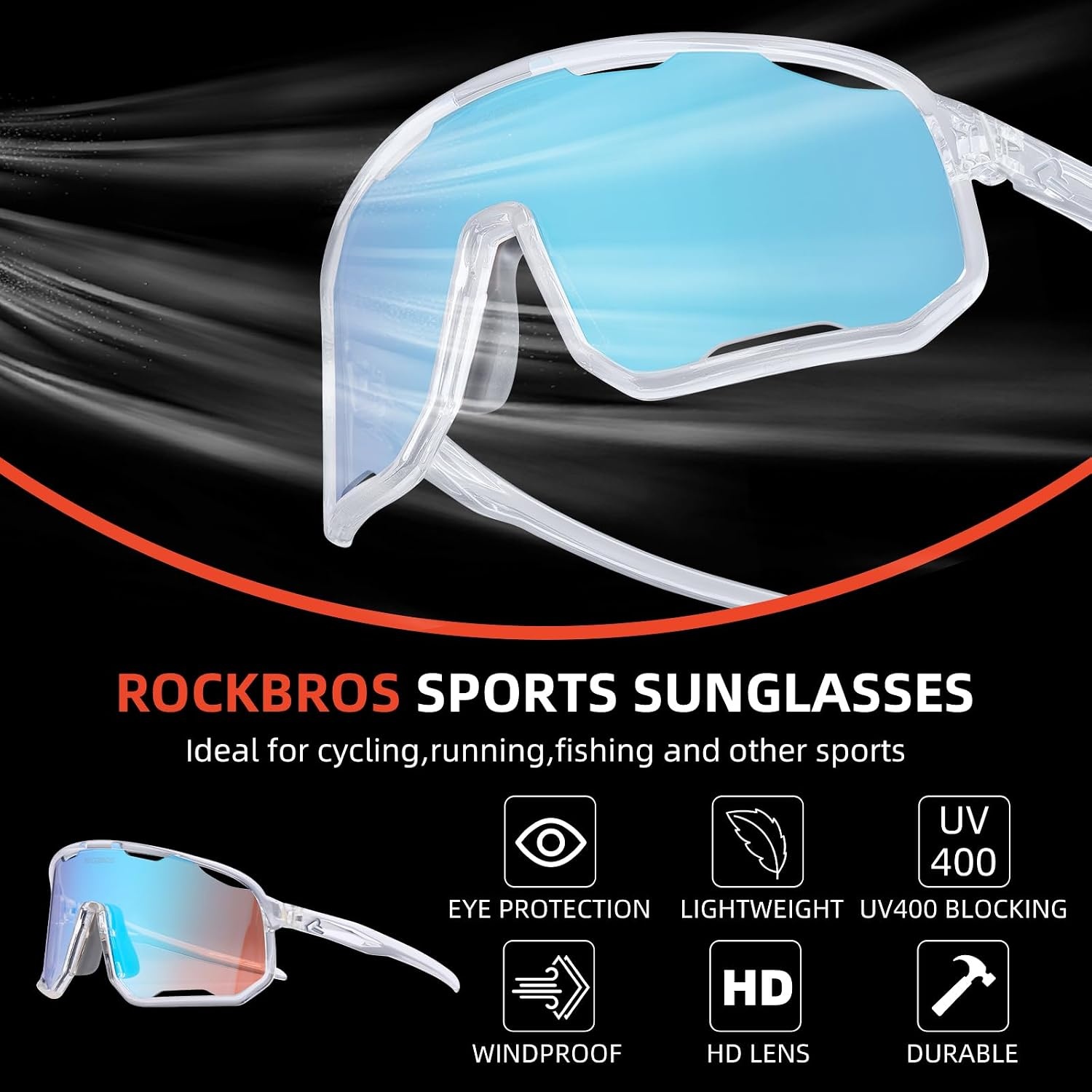 image:imageROCKBROS Photochromic Sunglasses for Men WomenUV400 Protection Cycling GlassesMTB Cycling Sports Sunglasses3 LensesPhotochromicice Blue