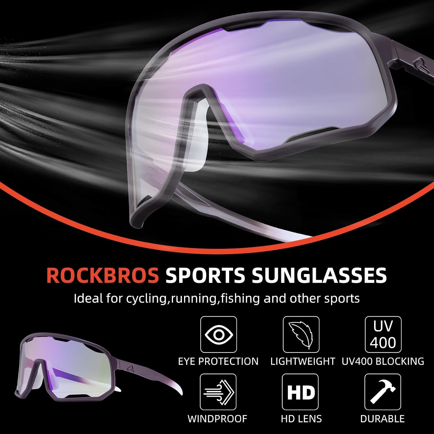 image:imageROCKBROS Photochromic Sunglasses for Men WomenUV400 Protection Cycling GlassesMTB Cycling Sports Sunglasses3 LensesPhotochromiclight Purple