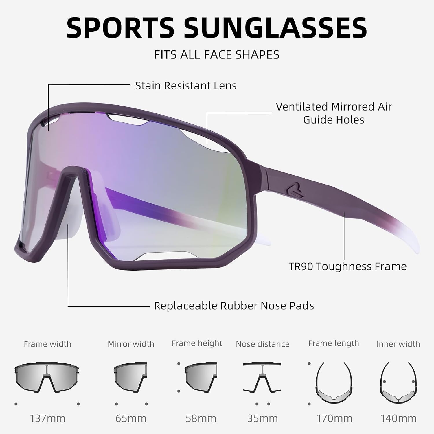 image:imageROCKBROS Photochromic Sunglasses for Men WomenUV400 Protection Cycling GlassesMTB Cycling Sports Sunglasses3 LensesPhotochromiclight Purple