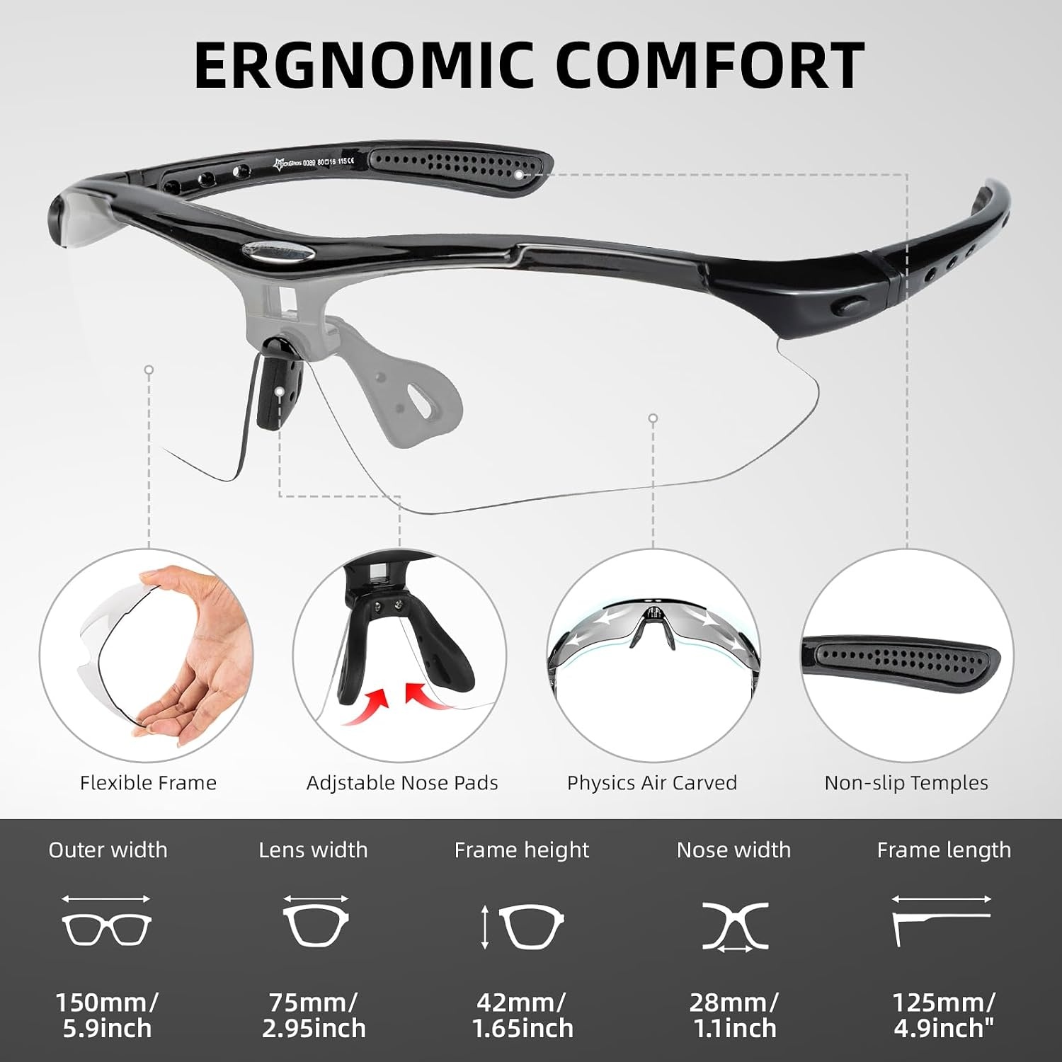image:imageROCKBROS Pickleball Glasses for Men Women ANSI Z871 Photochromic Sports Sunglasses UV400 Protection Interchangeable StrapBlack