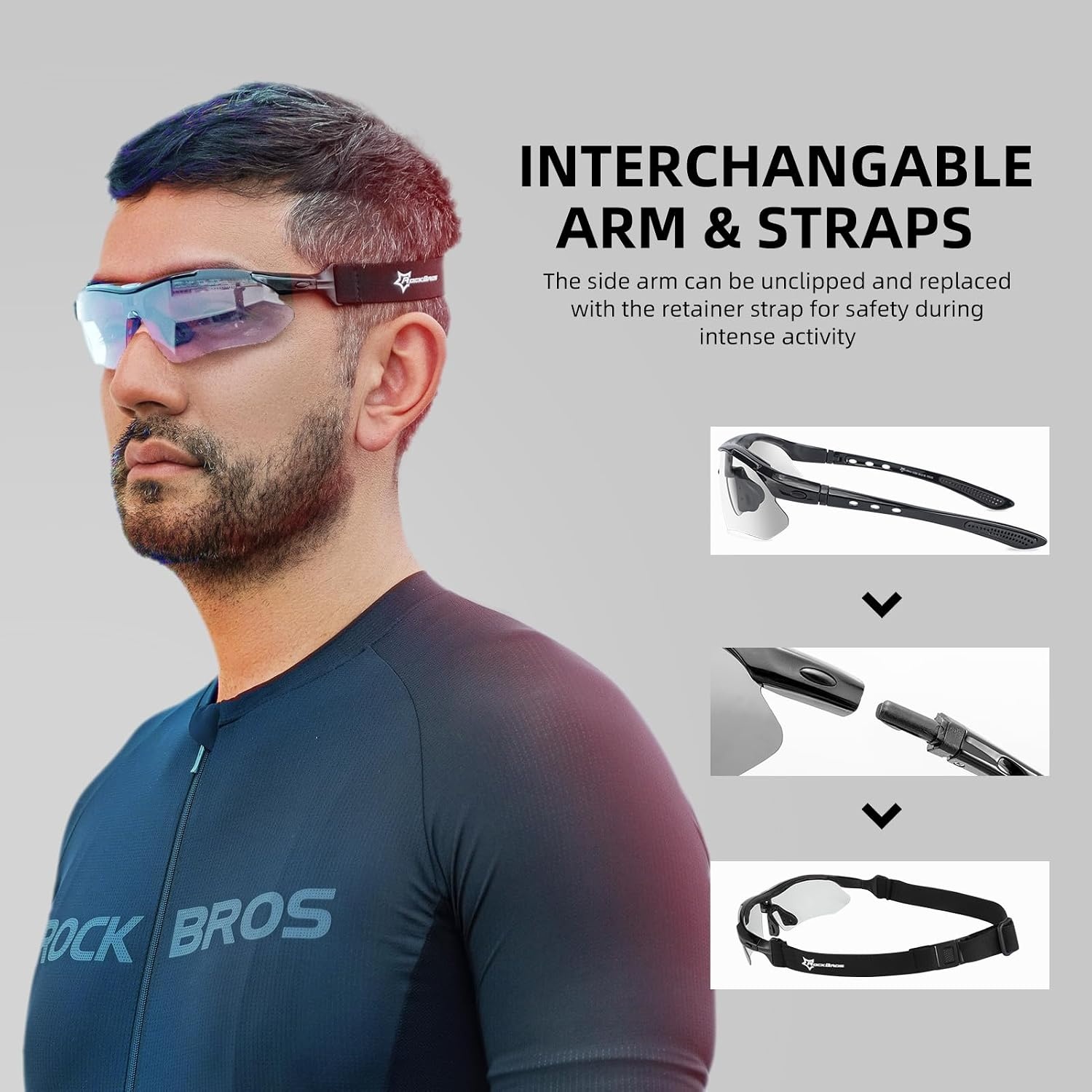 image:imageROCKBROS Pickleball Glasses for Men Women ANSI Z871 Photochromic Sports Sunglasses UV400 Protection Interchangeable StrapBlack