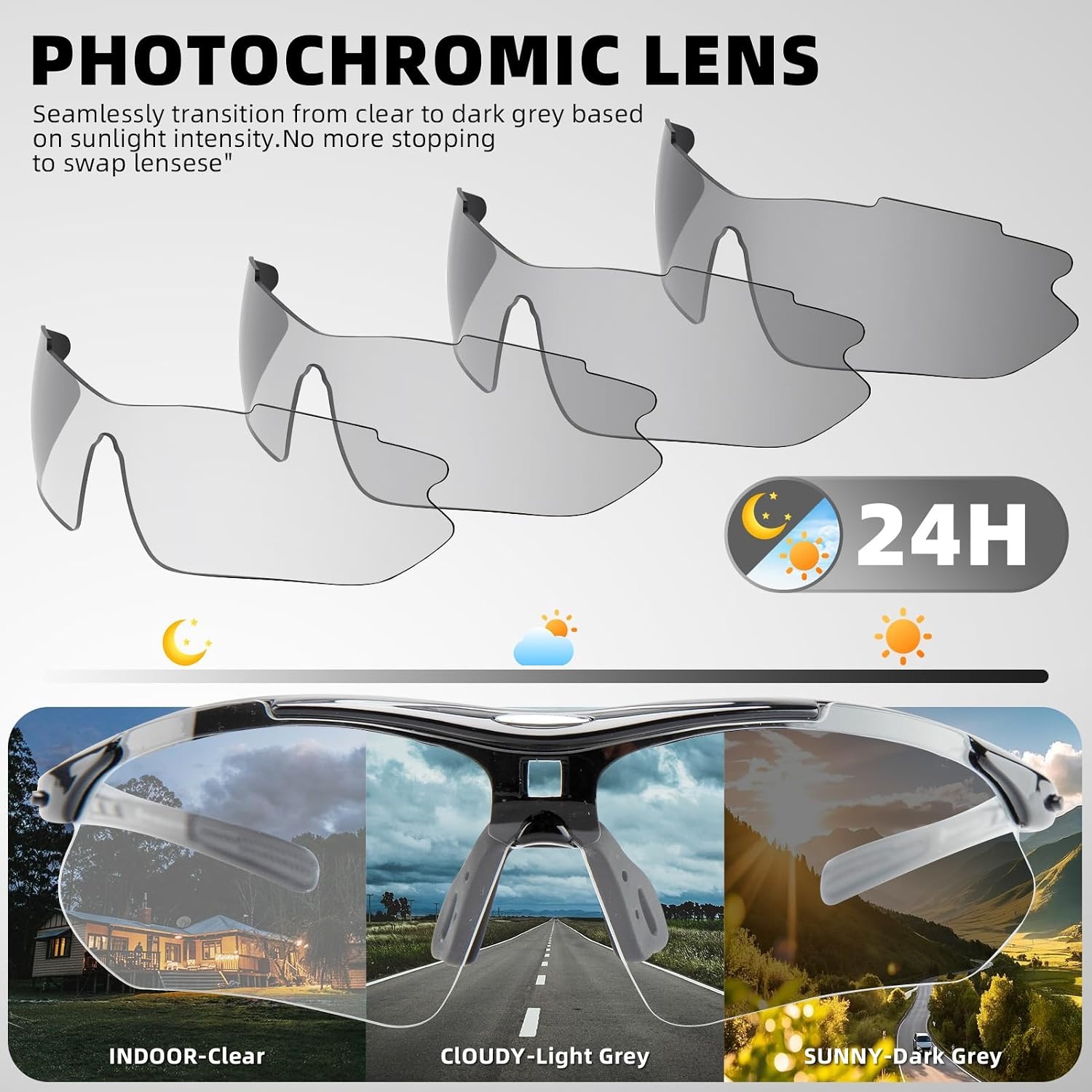 image:imageROCKBROS Pickleball Glasses for Men Women ANSI Z871 Photochromic Sports Sunglasses UV400 Protection Interchangeable StrapBlack
