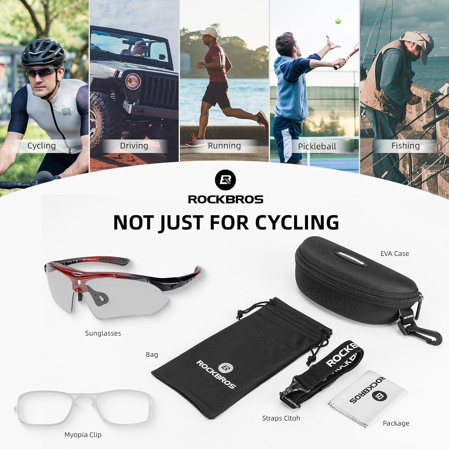 image:imageROCKBROS Pickleball Glasses for Men Women ANSI Z871 Photochromic Sports Sunglasses UV400 Protection Interchangeable StrapRed