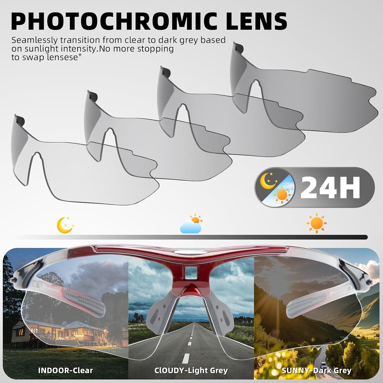 image:imageROCKBROS Pickleball Glasses for Men Women ANSI Z871 Photochromic Sports Sunglasses UV400 Protection Interchangeable StrapRed