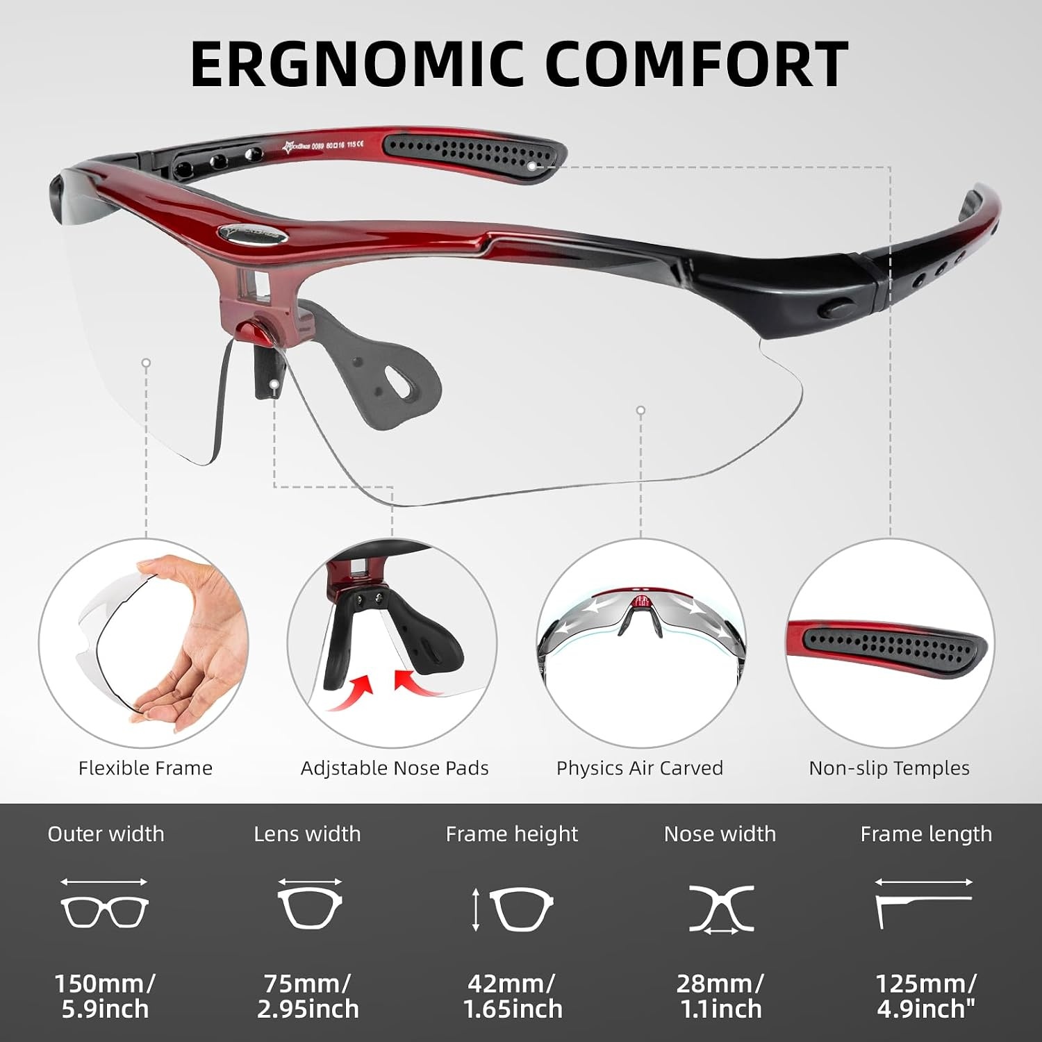 image:imageROCKBROS Pickleball Glasses for Men Women ANSI Z871 Photochromic Sports Sunglasses UV400 Protection Interchangeable StrapRed