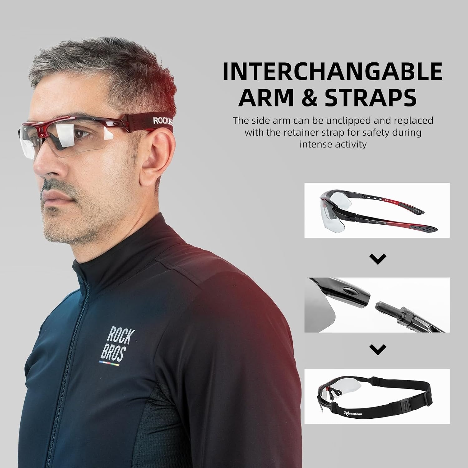 image:imageROCKBROS Pickleball Glasses for Men Women ANSI Z871 Photochromic Sports Sunglasses UV400 Protection Interchangeable StrapRed