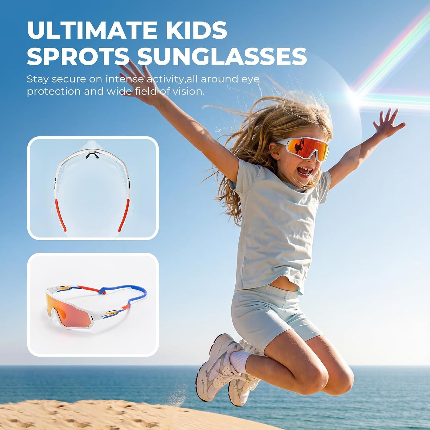 image:imageROCKBROS Polarized Kids Sunglasses Boys GirlsSports Cycling Glasses with Straps Baseball Softball Sunglasses Age 614Matte Black