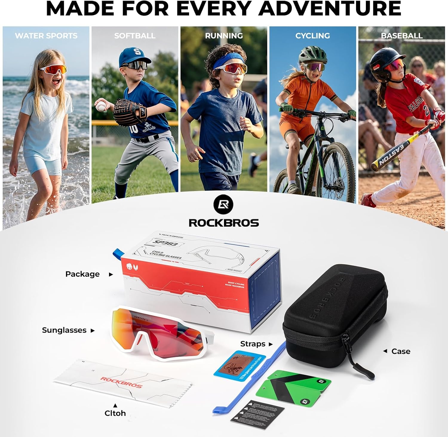 image:imageROCKBROS Polarized Kids Sunglasses Boys GirlsSports Cycling Glasses with Straps Baseball Softball Sunglasses Age 614Matte Red