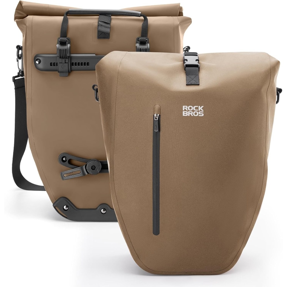image:imageROCKBROS Bike Panniers 20L Waterproof Roll Up Bike Rack Bag Adjustable Quick Release BucklesReflective for Road Mountain Cycling Traveling CommutingCamel Brown Reflective2