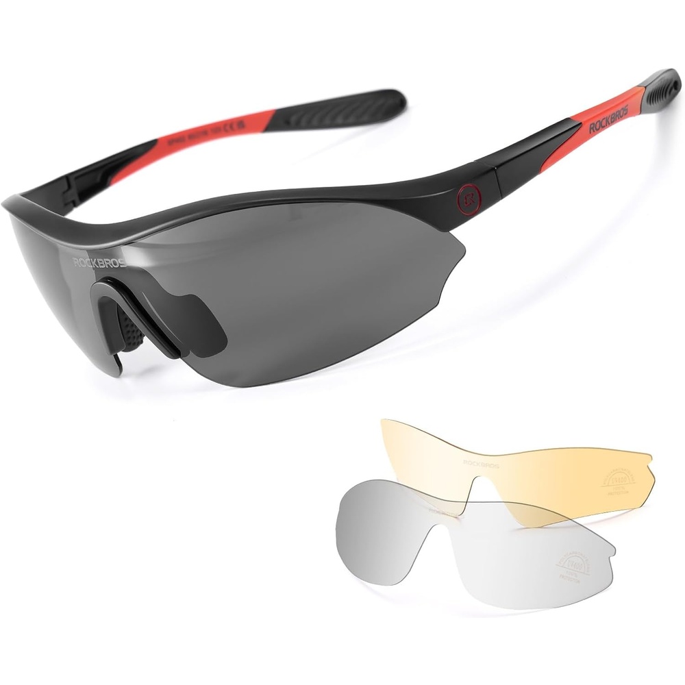 image:imageROCKBROS Polarized Sports Sunglasses with 3 Interchangeable Lens Cycling Sun Glasses for Men Women Baseball Running GolfGray Polarized Lens Black Red Frame
