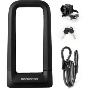 ROCKBROS Bike U Lock, Heavy Duty Anti Theft with Cable Silicone Cover (Max 22.5MM Bike U Lock+Keys+Mounting Bracket)(U Lock and Cable)