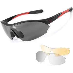 ROCKBROS Polarized Sports Sunglasses with 3 Interchangeable Lens, Cycling Sun Glasses for Men Women Baseball, Running, Golf(Gray Polarized Lens | Black Red Frame)