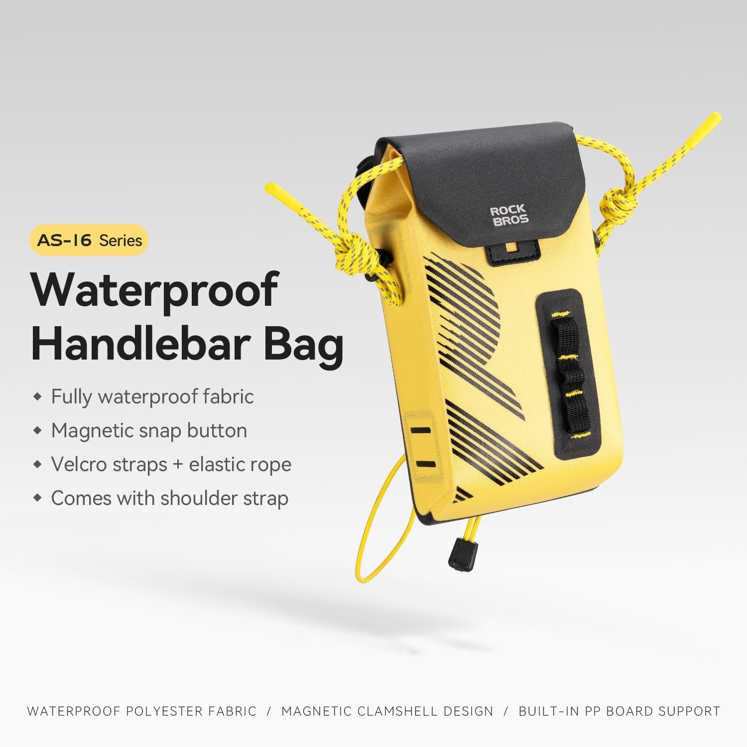 image:imageROCKBROS Bike Handlebar Bag Waterproof Stem Bag with Magnetic Closure 13 L Capacity for Cycling Snacks and Phone Convertible Shoulder Pack for Road Mountain Folding Bikes Yellow
