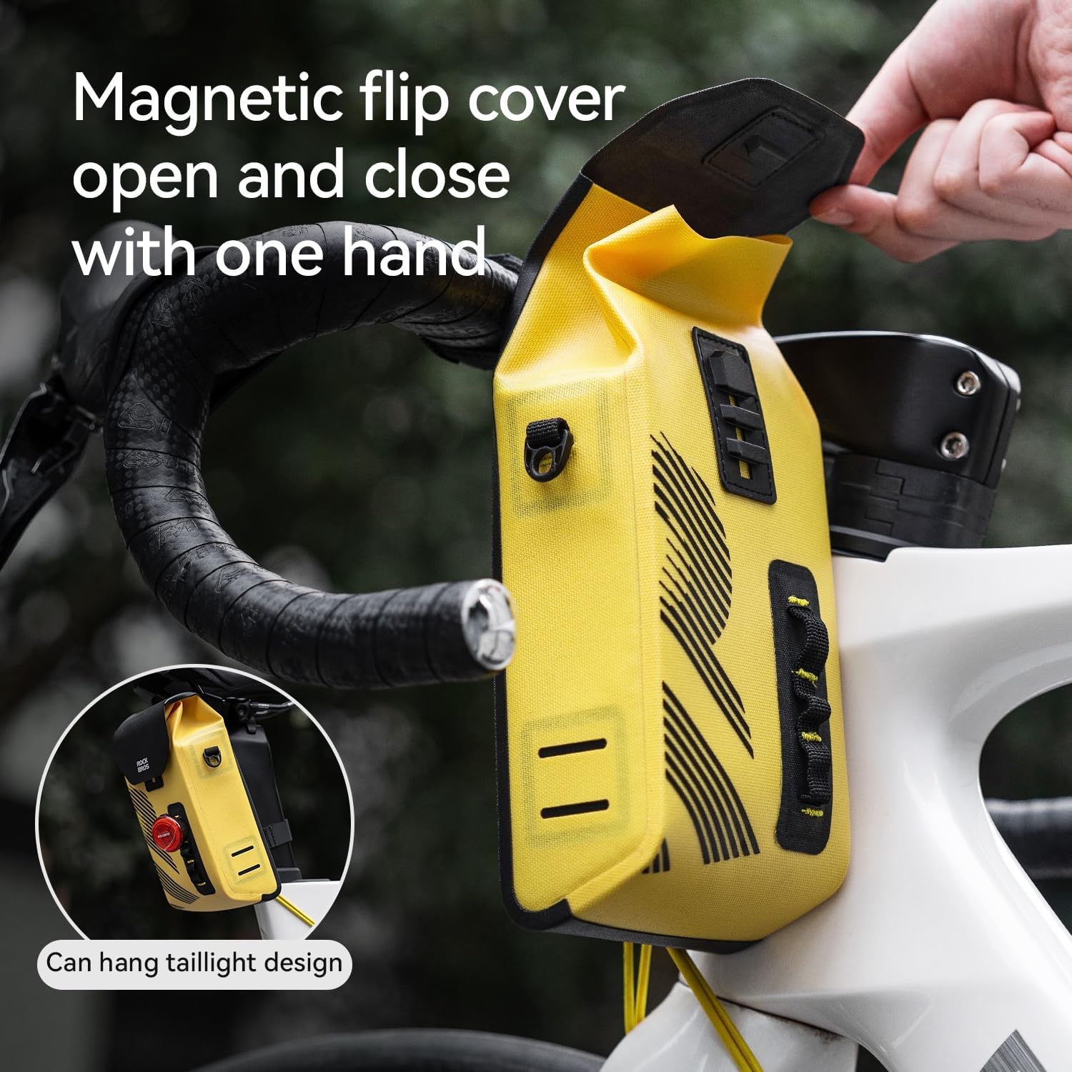 image:imageROCKBROS Bike Handlebar Bag Waterproof Stem Bag with Magnetic Closure 13 L Capacity for Cycling Snacks and Phone Convertible Shoulder Pack for Road Mountain Folding Bikes Yellow