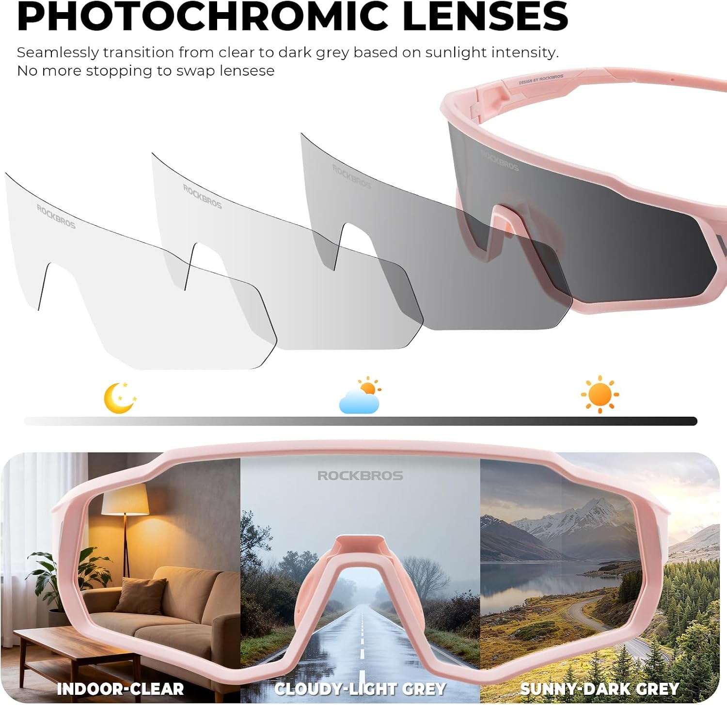 image:imageROCKBROS Kids Photochromic Sunglasses Boys Girls Cycling Runing Glasses TR90 Lightweight UV400 Sports Sunglasses Age 614Light Pink