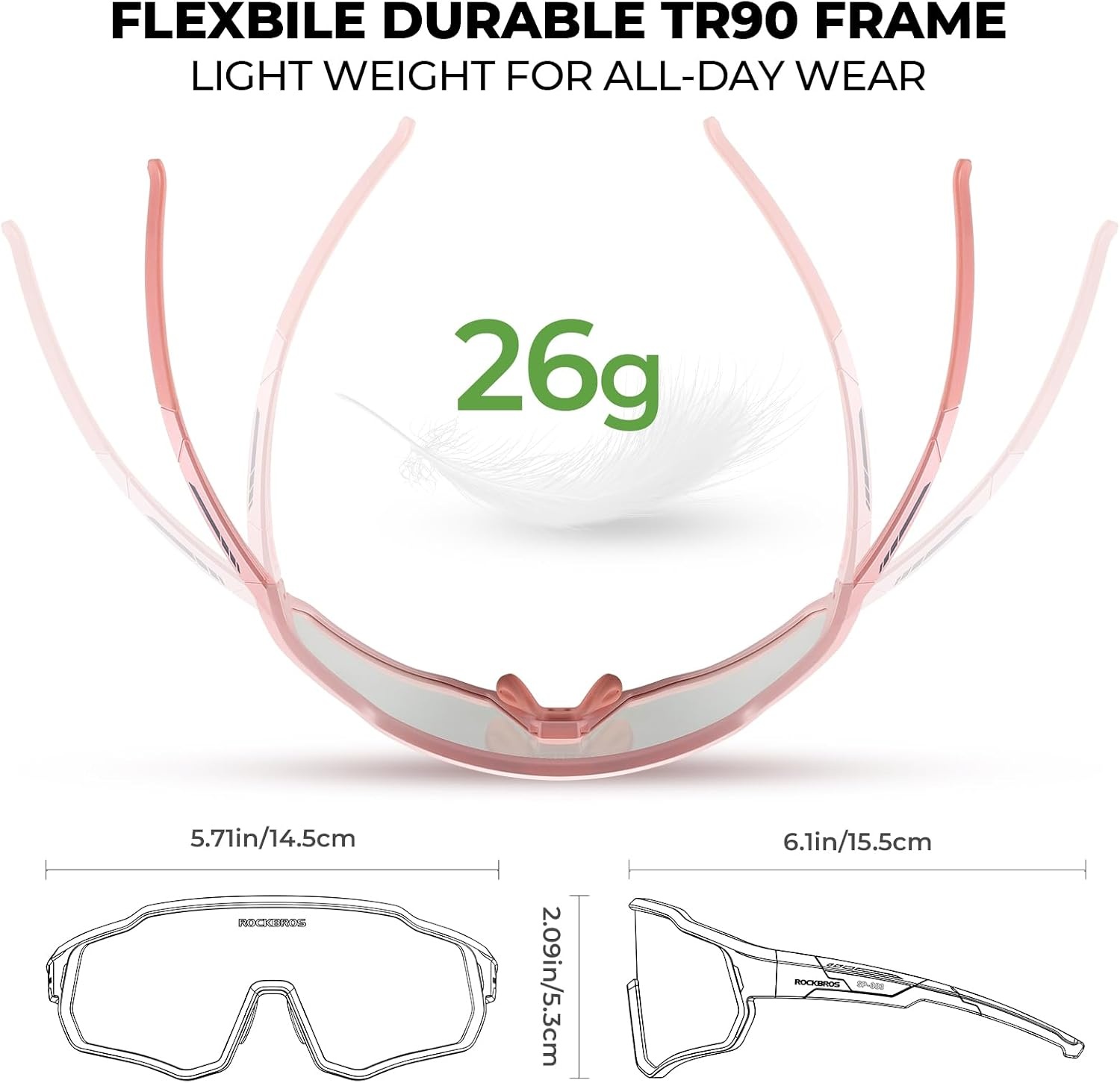 image:imageROCKBROS Kids Photochromic Sunglasses Boys Girls Cycling Runing Glasses TR90 Lightweight UV400 Sports Sunglasses Age 614Light Pink