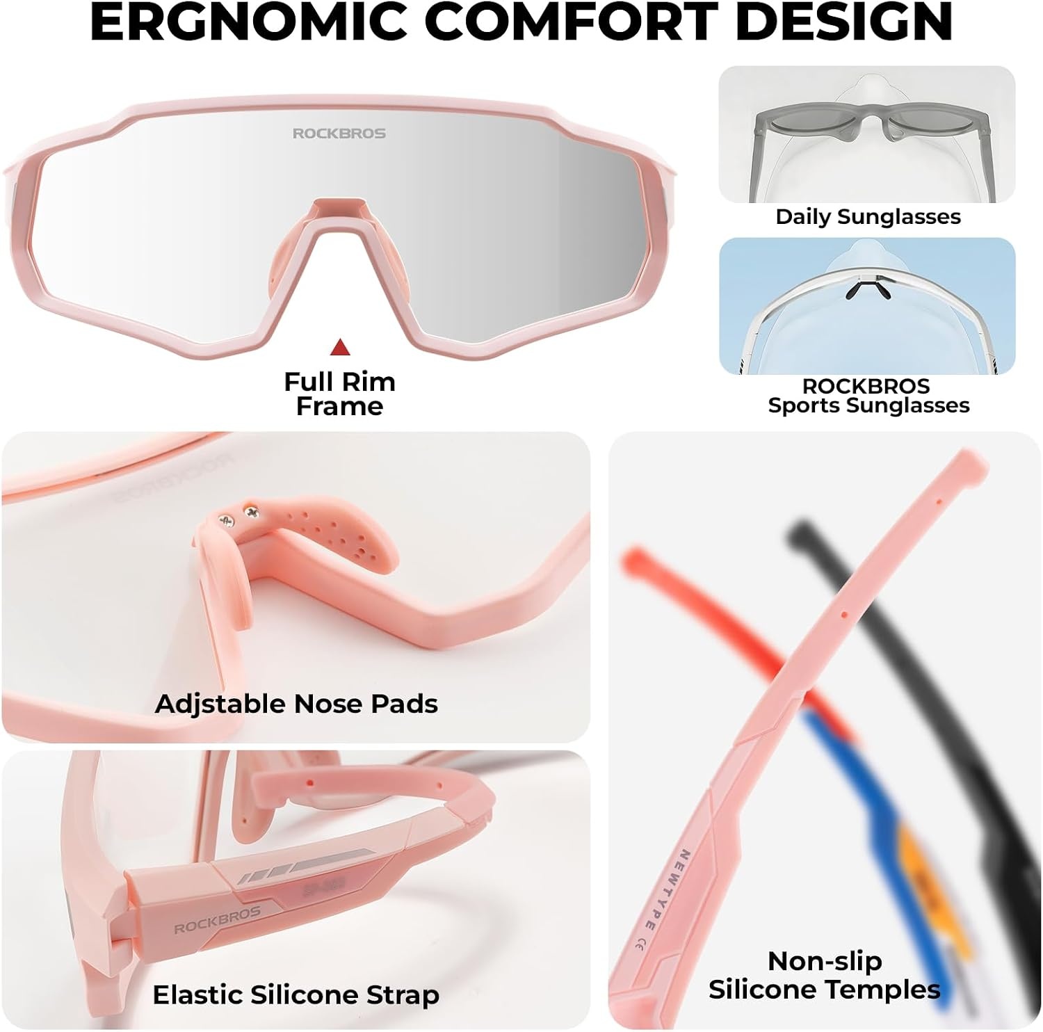 image:imageROCKBROS Kids Photochromic Sunglasses Boys Girls Cycling Runing Glasses TR90 Lightweight UV400 Sports Sunglasses Age 614Light Pink