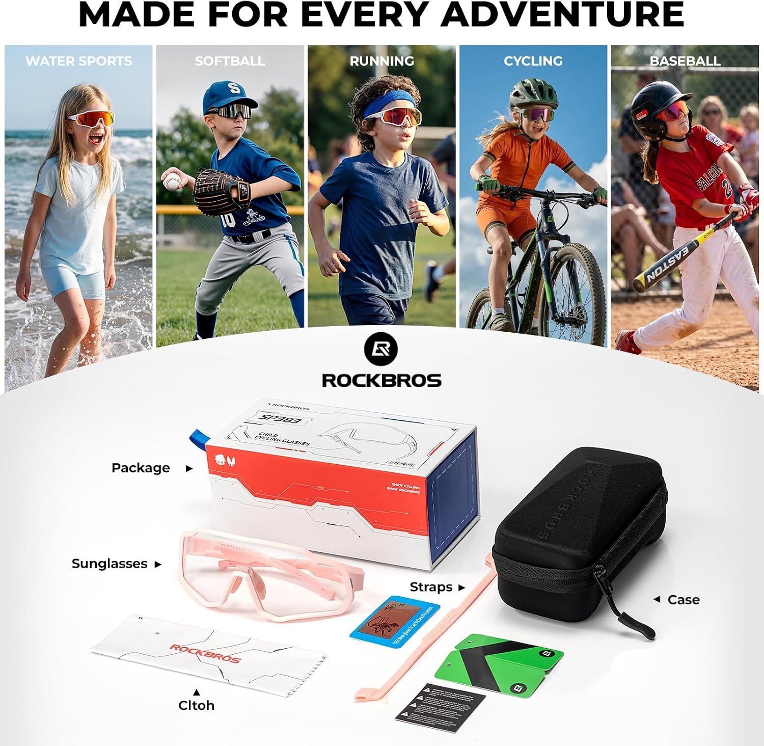 image:imageROCKBROS Kids Photochromic Sunglasses Boys Girls Cycling Runing Glasses TR90 Lightweight UV400 Sports Sunglasses Age 614Light Pink