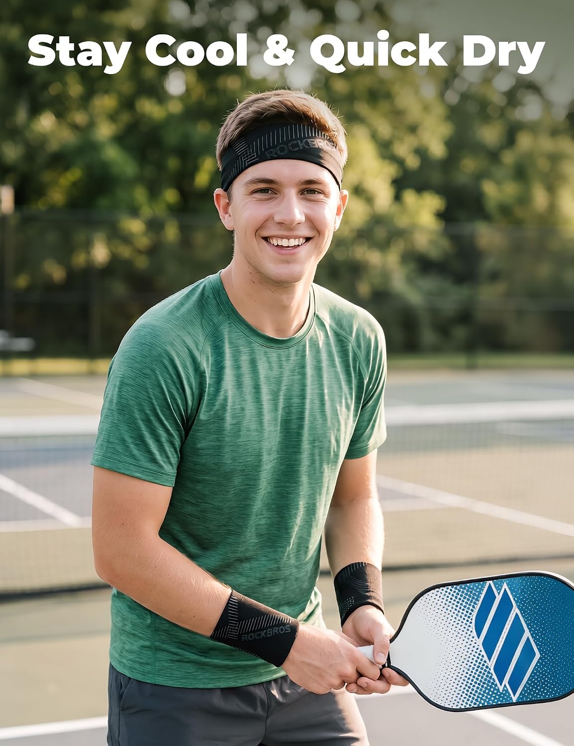 image:imageROCKBROS Pickleball Headband Ice Silk Elastic Cooling Sweatband for Men Women Running Gym Tennis SoccerGrey and Black