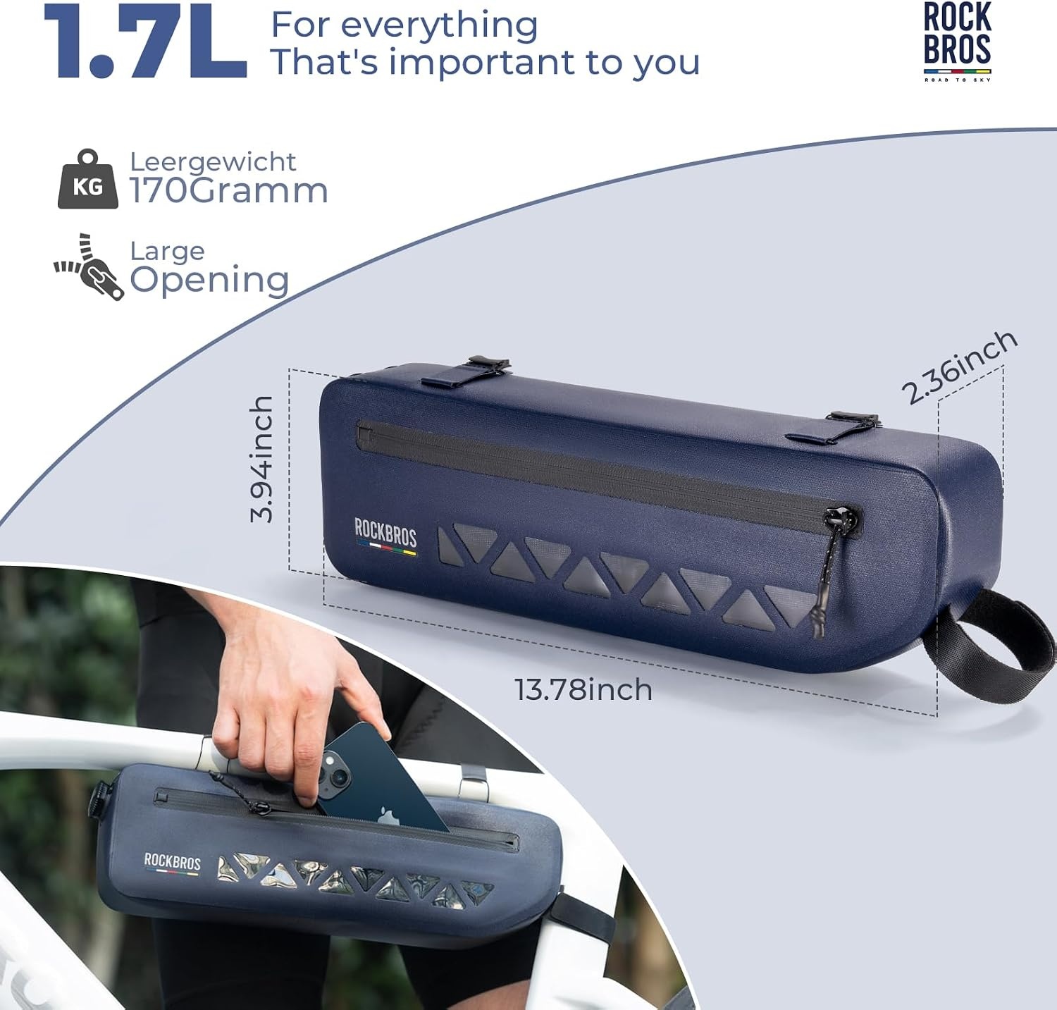 image:imageROCKBROS Bike Frame Bag Waterproof Under Top Tube Bike Bag Lightweight Buckle Lock Design TPU Material Frame Bag 17L Easy to Install Cycling Commuting for MTB Road BikeBlue