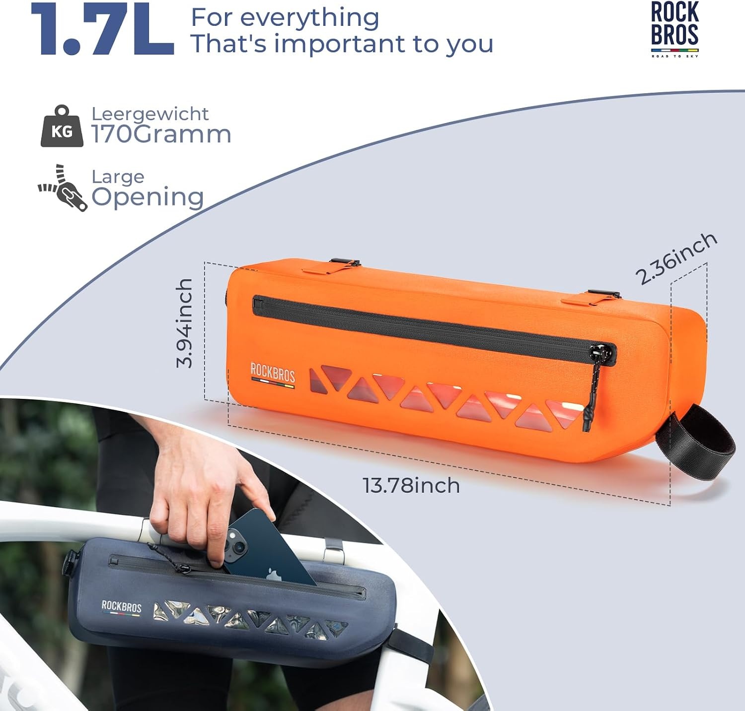 image:imageROCKBROS Bike Frame Bag Waterproof Under Top Tube Bike Bag Lightweight Buckle Lock Design TPU Material Frame Bag 17L Easy to Install Cycling Commuting for MTB Road BikeOrange