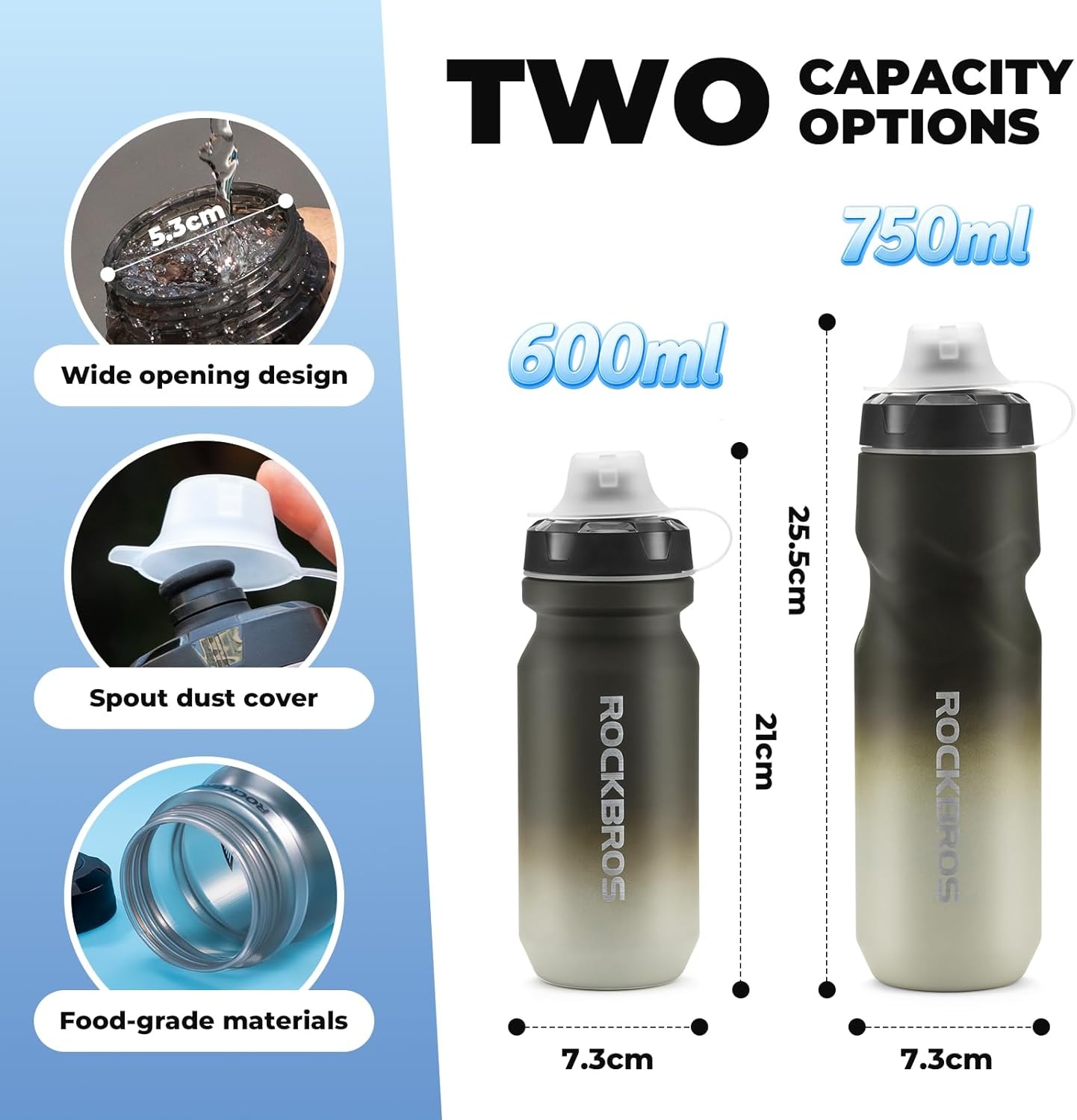 image:imageROCKBROS Bike Water Bottle 2 Pack 20oz Lightweight Plastic Sports Water Bottle BPA Free Spill Proof Water Bottle Squeeze Leak Proof Water Bottle for Cycling Gym Workout Hiking Travel2 Pack Gradual Gray White