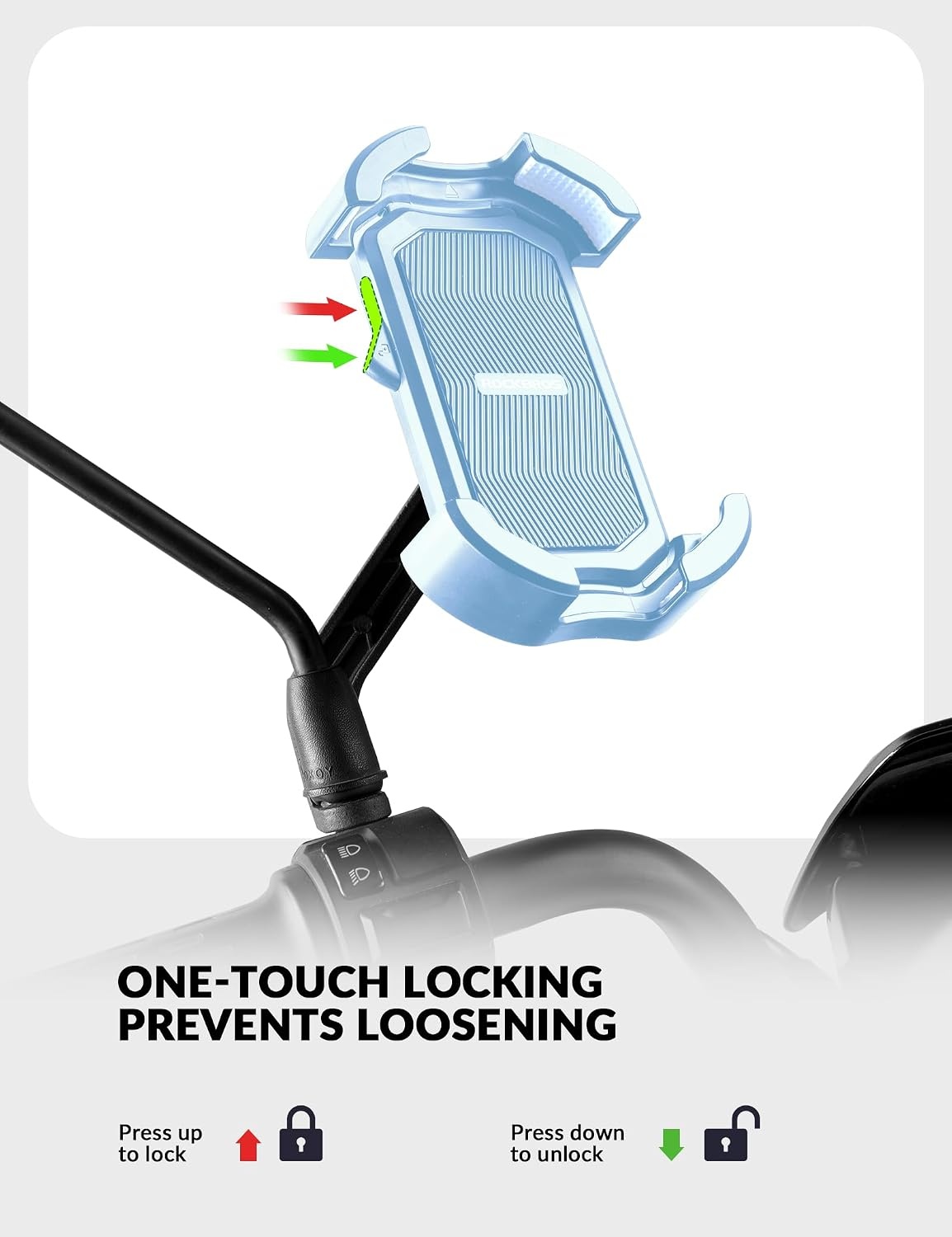 image:imageROCKBROS Bike Phone Holder Motorcycle amp Scooter Mount Adjustable Shockproof Security Lock 4768 PhonesSide View Mirror Mount Blue