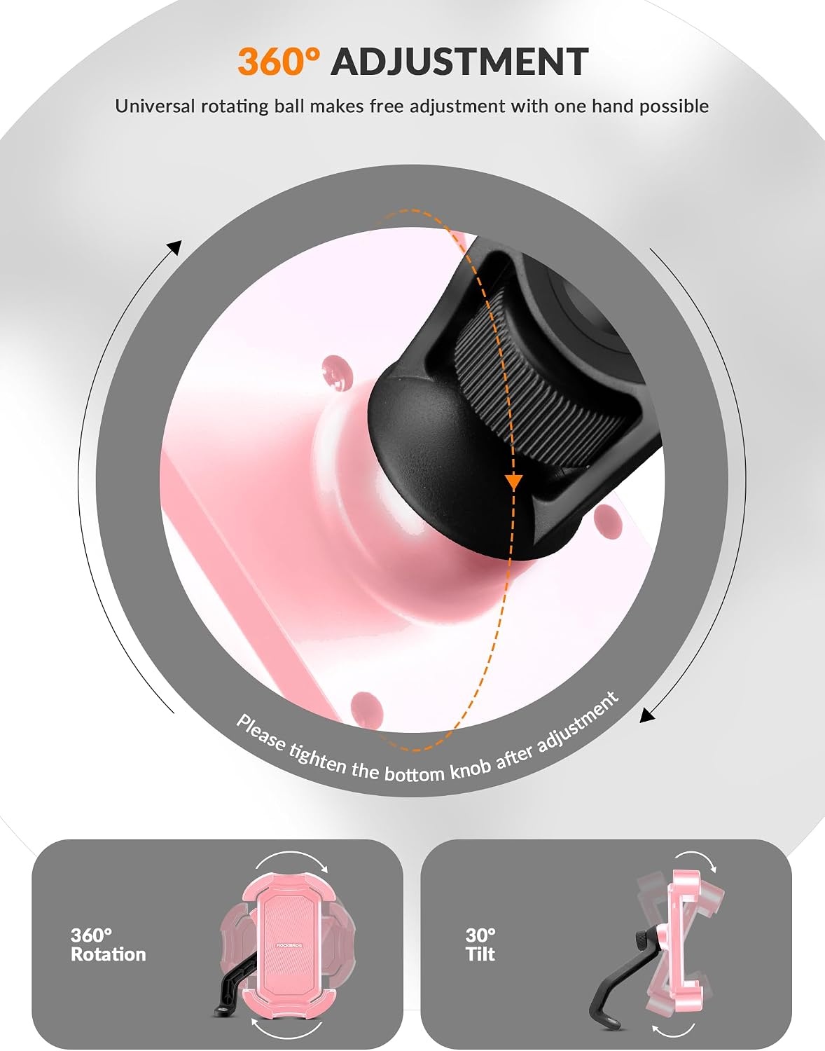 image:imageROCKBROS Bike Phone Holder Motorcycle amp Scooter Mount Adjustable Shockproof Security Lock 4768 PhonesSide View Mirror Mount Pink