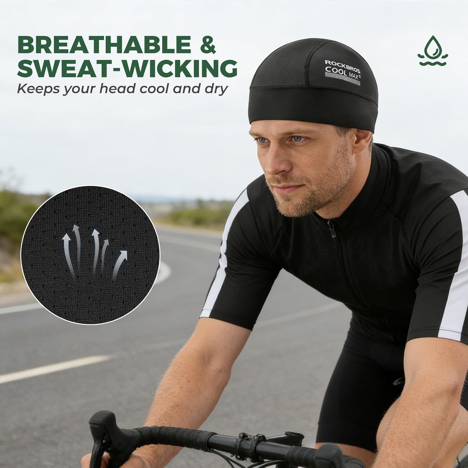 image:imageROCKBROS Cooling Skull Caps Breathable Mesh Under Helmet Liner UPF50 Sun Protection Cycling Motorcycle Running Lightweight Cap for Men amp Women Black