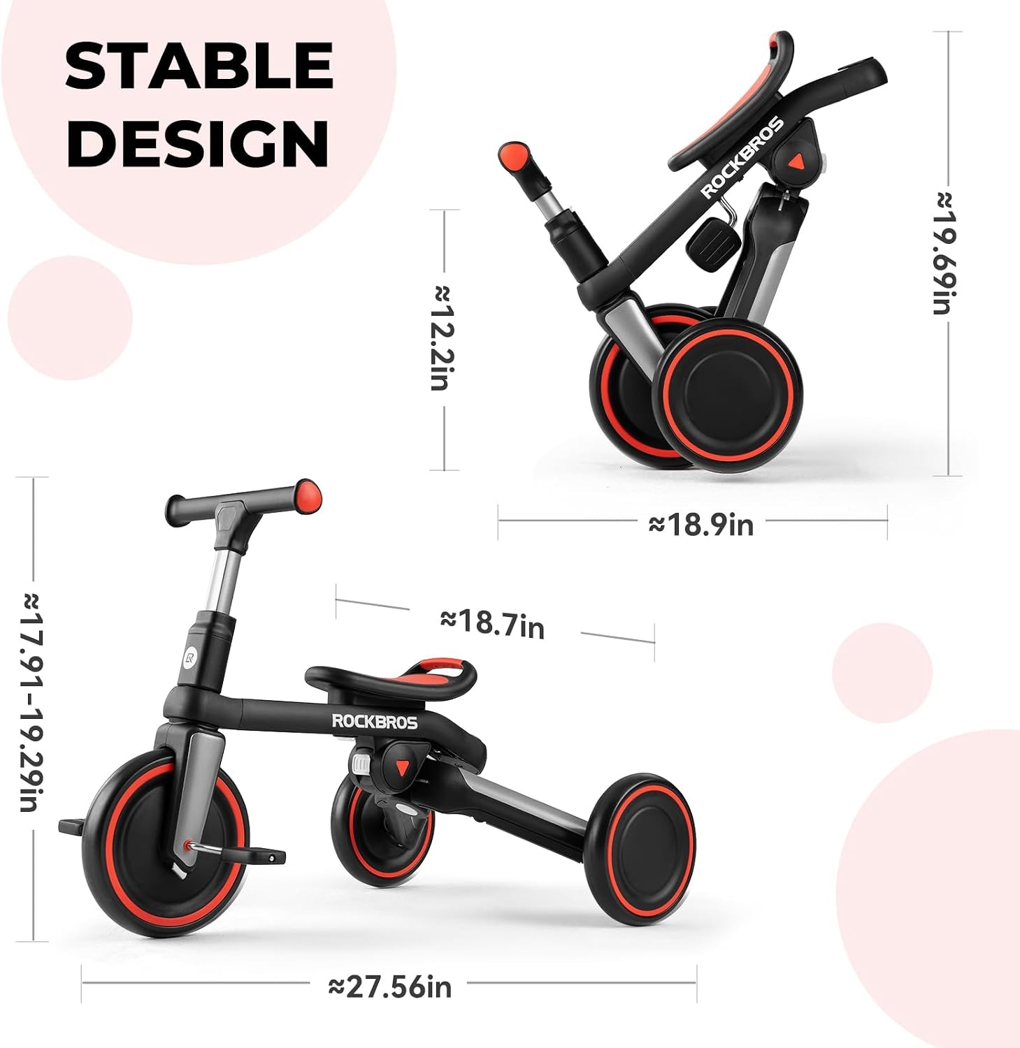 image:imageROCKBROS 3 in 1 Toddler Tricycle 25 Years Folding Kids Balance Bikes with Adjustable Seat and Removable Pedals Birthday Gift for Boys and GirlsBlackRed