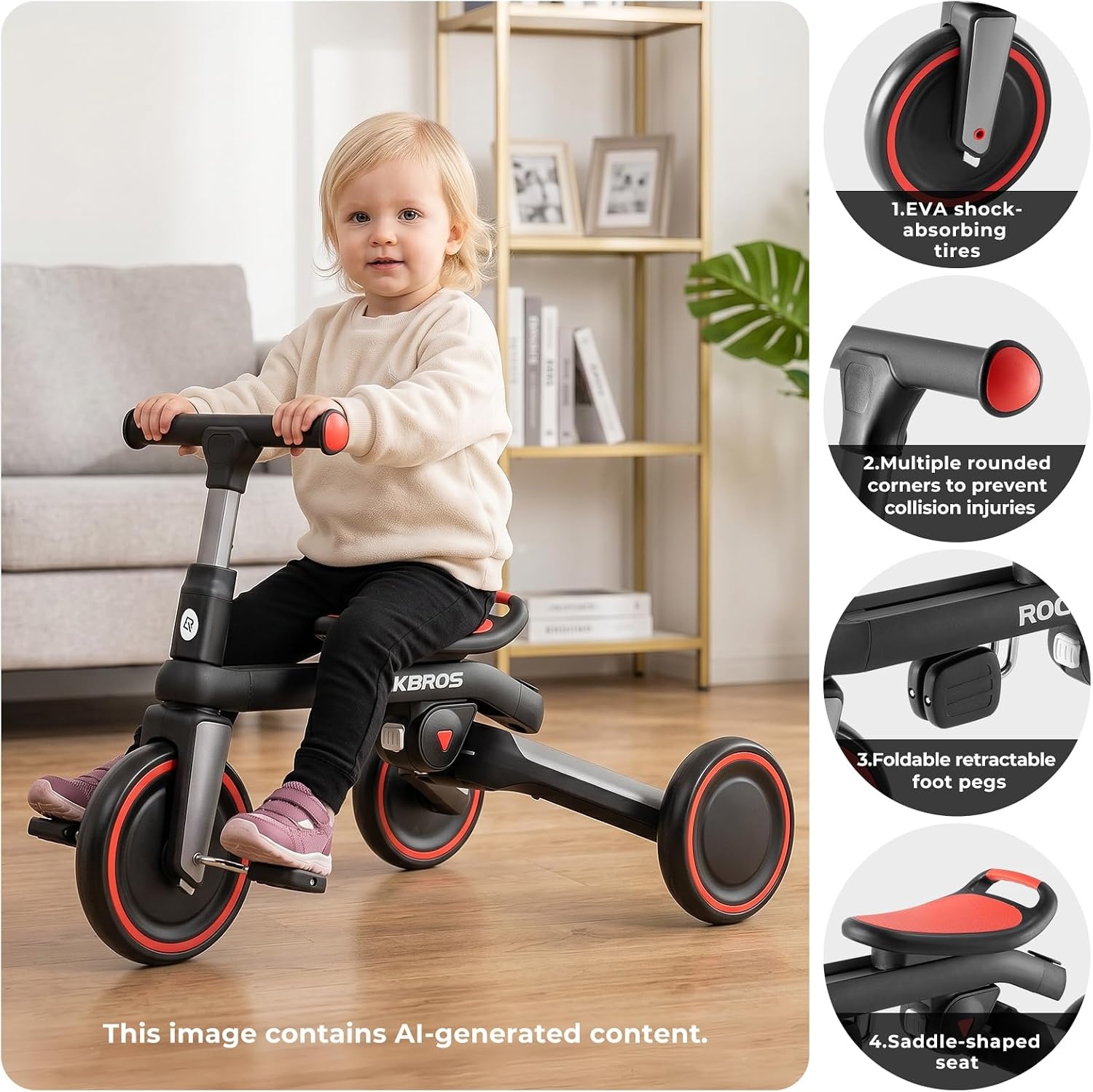 image:imageROCKBROS 3 in 1 Toddler Tricycle 25 Years Folding Kids Balance Bikes with Adjustable Seat and Removable Pedals Birthday Gift for Boys and GirlsBlackRed