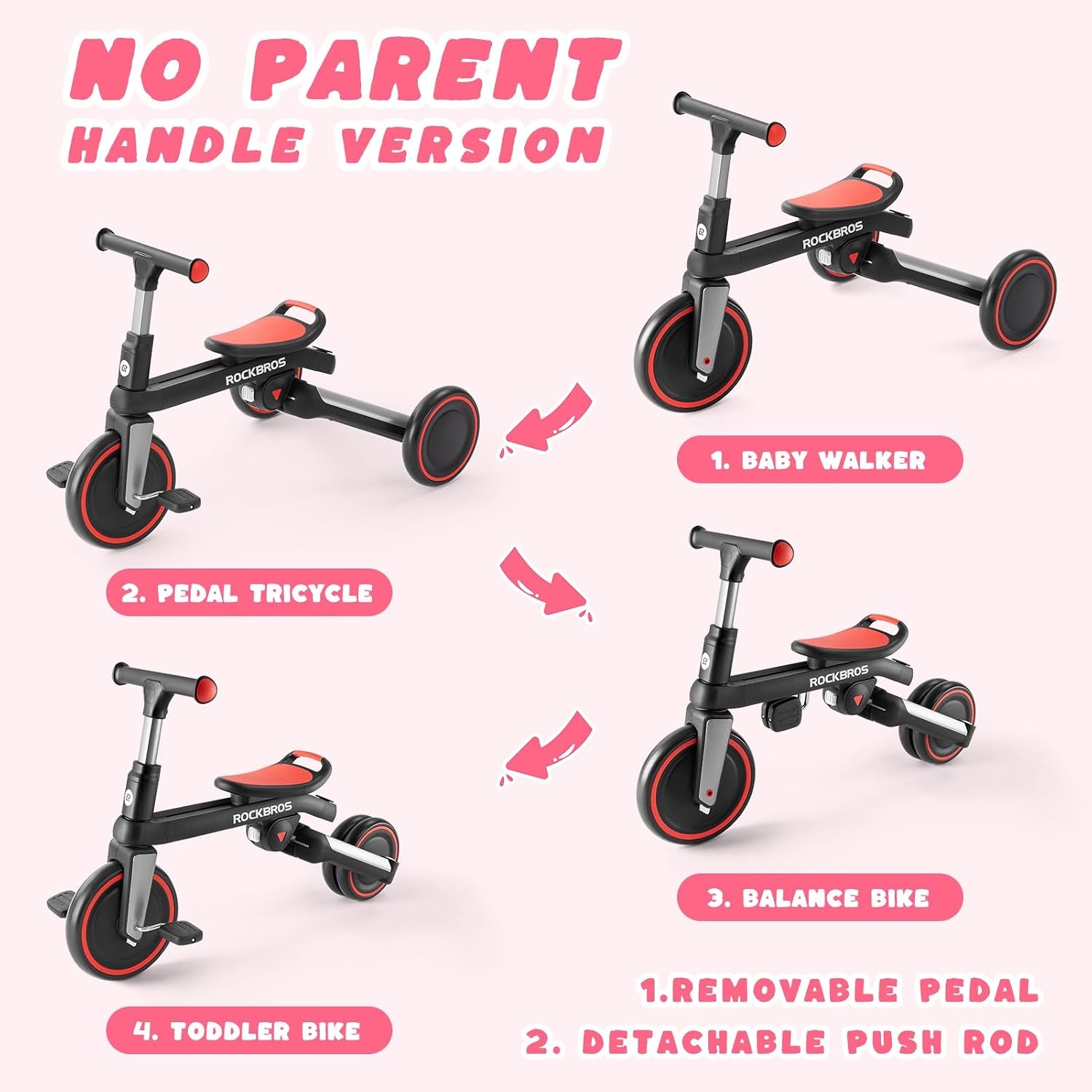 image:imageROCKBROS 3 in 1 Toddler Tricycle 25 Years Folding Kids Balance Bikes with Adjustable Seat and Removable Pedals Birthday Gift for Boys and GirlsBlackRed