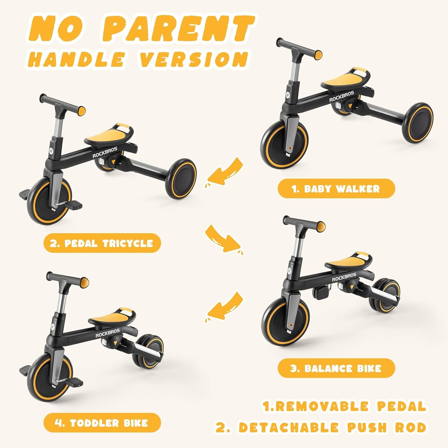 image:imageROCKBROS 3 in 1 Toddler Tricycle 25 Years Folding Kids Balance Bikes with Adjustable Seat and Removable Pedals Birthday Gift for Boys and GirlsBlackYellow