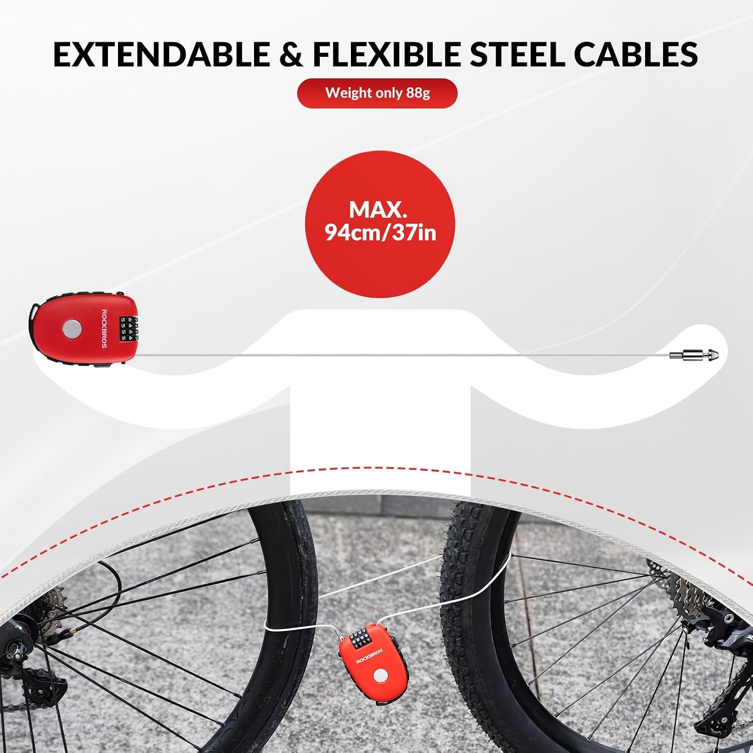 image:imageROCKBROS 4Digit Combination Bike Lock09M Lightweight Cable Lock for BicycleMTBEBikeScooterHelmet