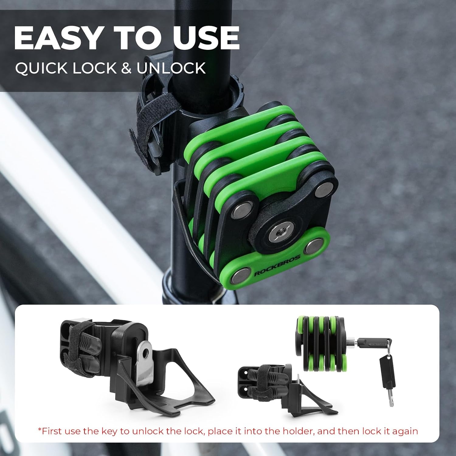 image:imageROCKBROS Folding Bike Lock for Bicycle Scooter Ebike AntiTheft Foldable Steel Bicycle Lock with Keys Mounting Bracket amp Straps 27in 132lbsBlack green