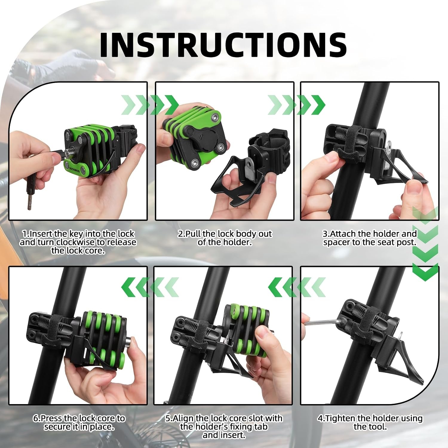 image:imageROCKBROS Folding Bike Lock for Bicycle Scooter Ebike AntiTheft Foldable Steel Bicycle Lock with Keys Mounting Bracket amp Straps 27in 132lbsBlack green
