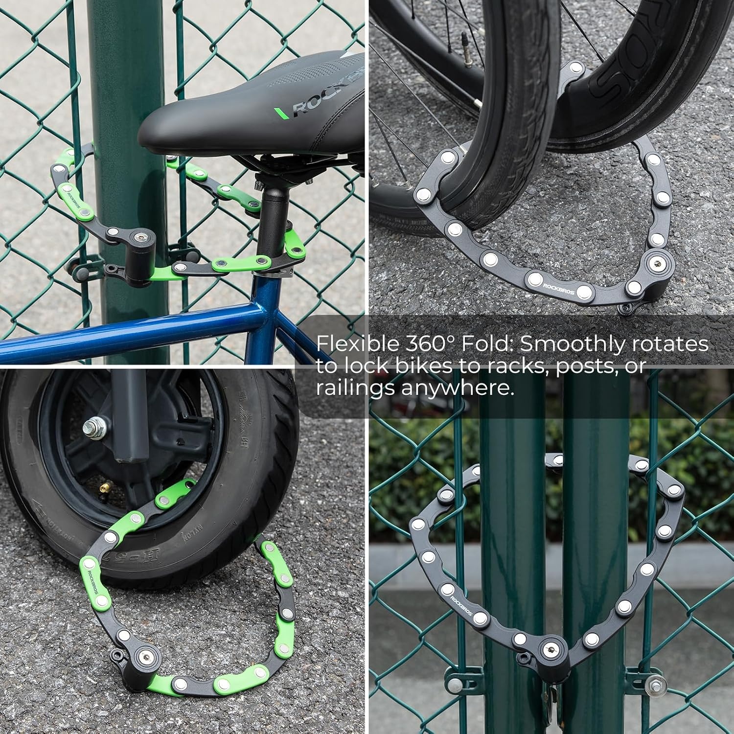 image:imageROCKBROS Folding Bike Lock for Bicycle Scooter Ebike AntiTheft Foldable Steel Bicycle Lock with Keys Mounting Bracket amp Straps 27in 132lbsBlack green