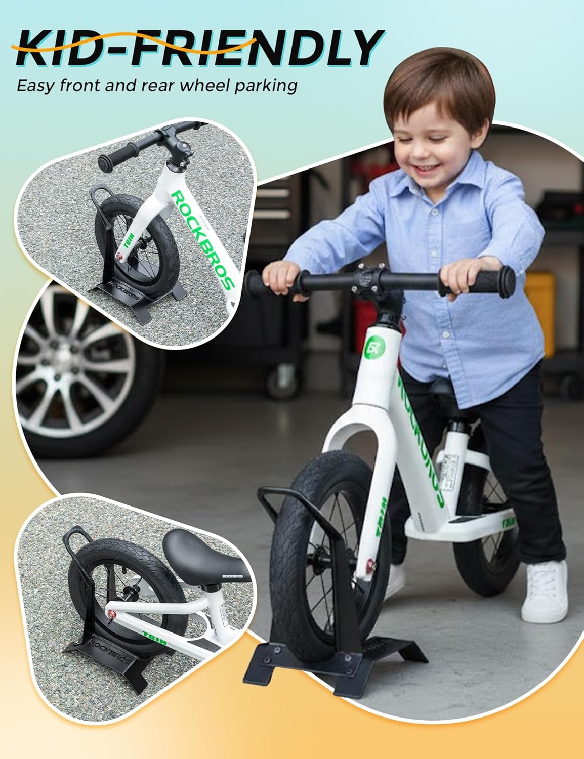 image:imageROCKBROS Kids Bike Stand Floor Parking Rack Exclusively for 12 Inch Balance Bikes amp Toddler Bikes Easy Pushin Bicycle Holder for Garage and Indoor StorageBlack
