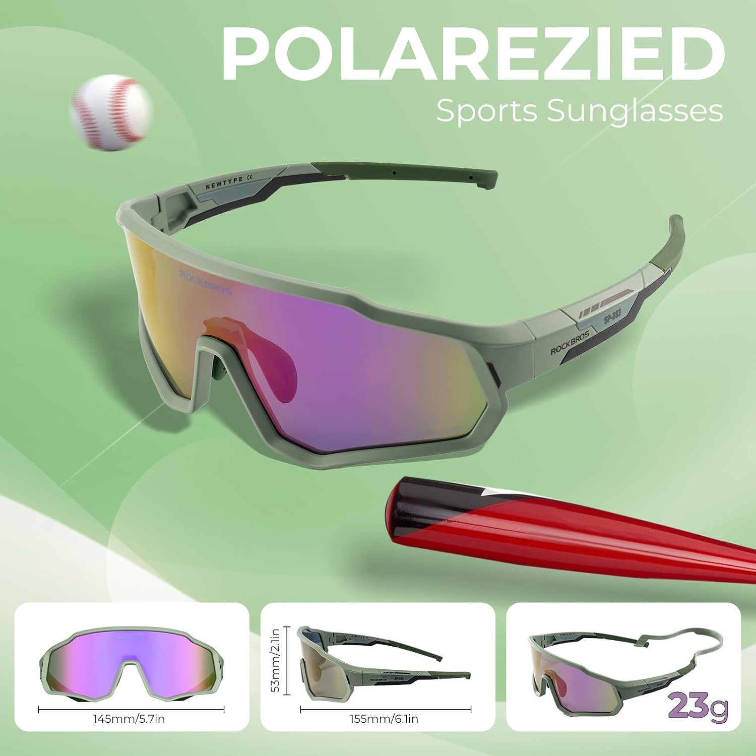 image:imageROCKBROS Kids Polarized Sunglasses Youth Baseball Glasses with Lanyard Strap UV Protection for Sports CyclingGreen