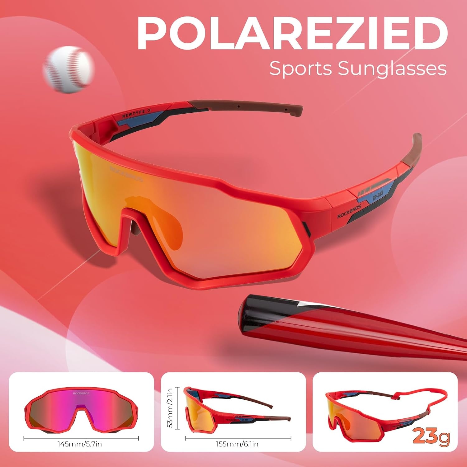 image:imageROCKBROS Kids Polarized Sunglasses Youth Baseball Glasses with Lanyard Strap UV Protection for Sports CyclingRed
