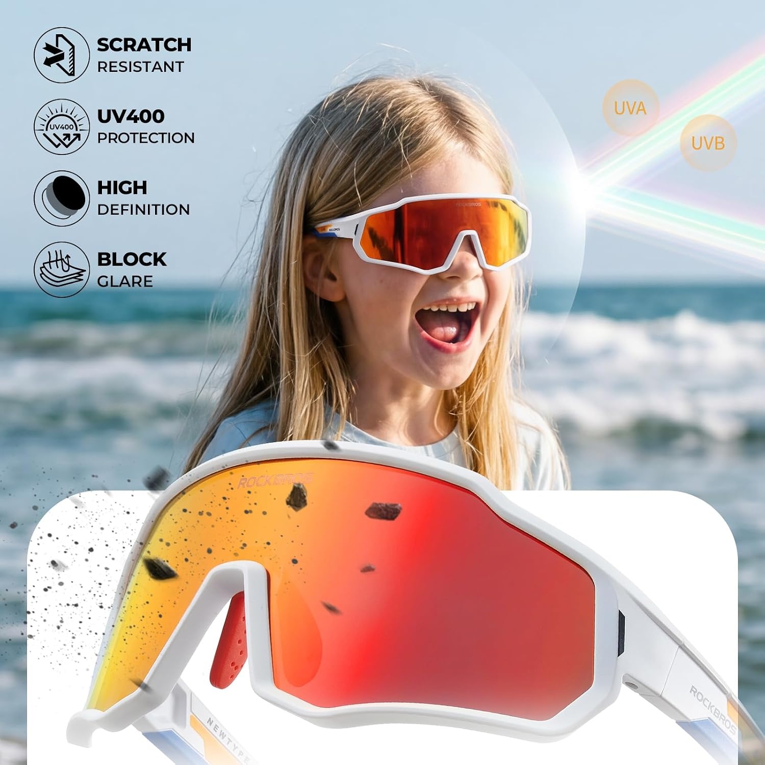 image:imageROCKBROS Kids Polarized Sunglasses Youth Baseball Glasses with Lanyard Strap UV Protection for Sports CyclingWhite