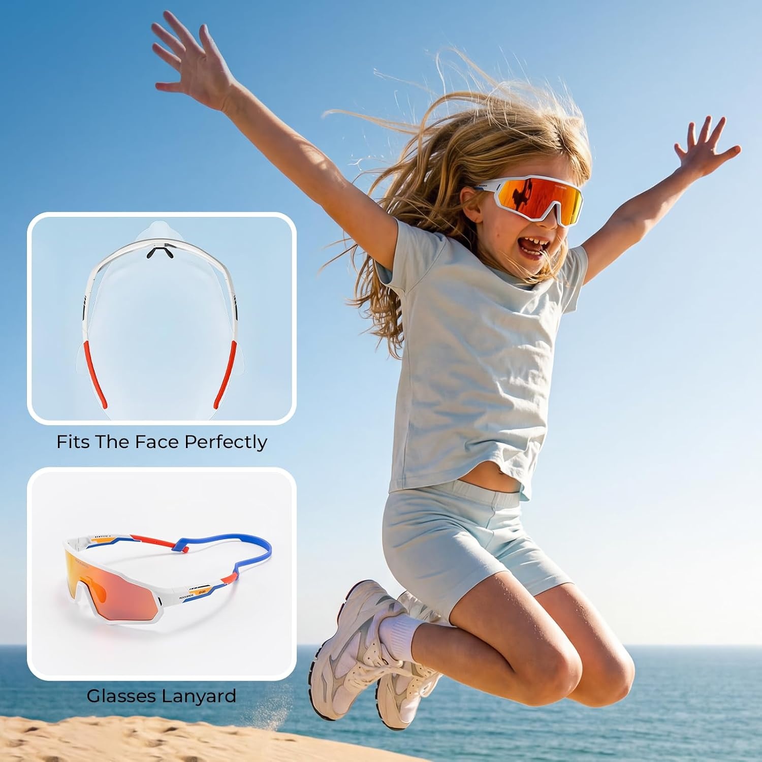 image:imageROCKBROS Kids Polarized Sunglasses Youth Baseball Glasses with Lanyard Strap UV Protection for Sports CyclingWhite