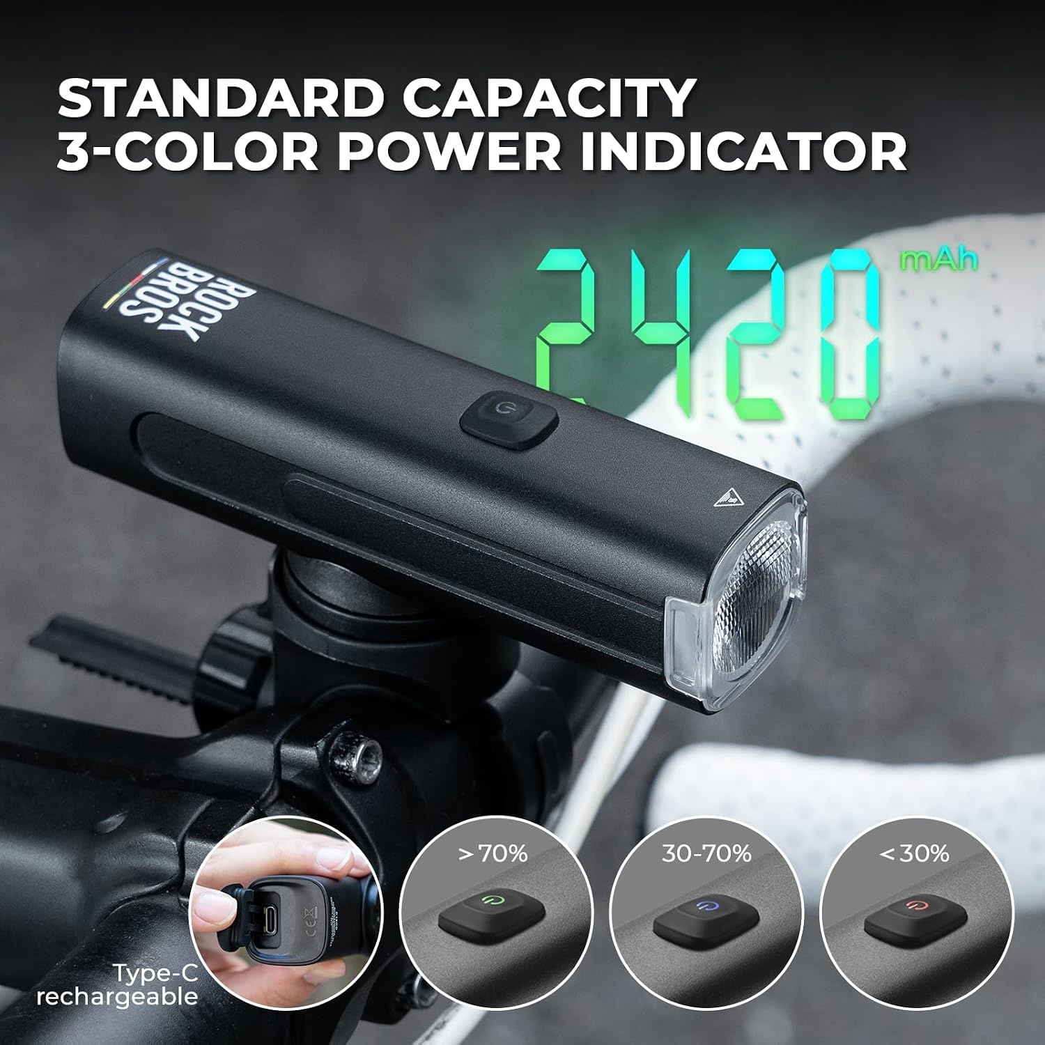 image:imageROCKBROS Bike Headlight 6 Modes AntiDazzling Bike Front Light Aluminium Alloy IPX6 Waterproof TypeC Rechargeable Bike Lights for Night Riding