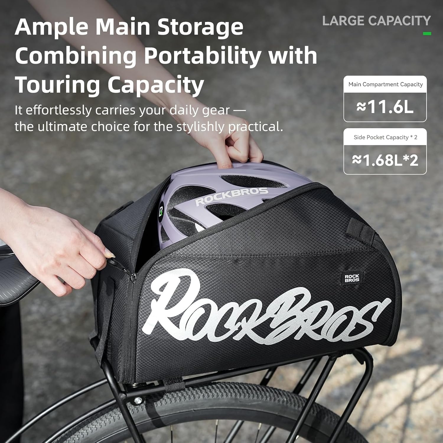 image:imageROCKBROS Bike Bags for Bicycle Rear rack 12L15L Bike Ebike Trunk Pannier Saddle Bag with Shoulder Strap for Commuter Travel Outdoor Accessories GearNo Side Pocket
