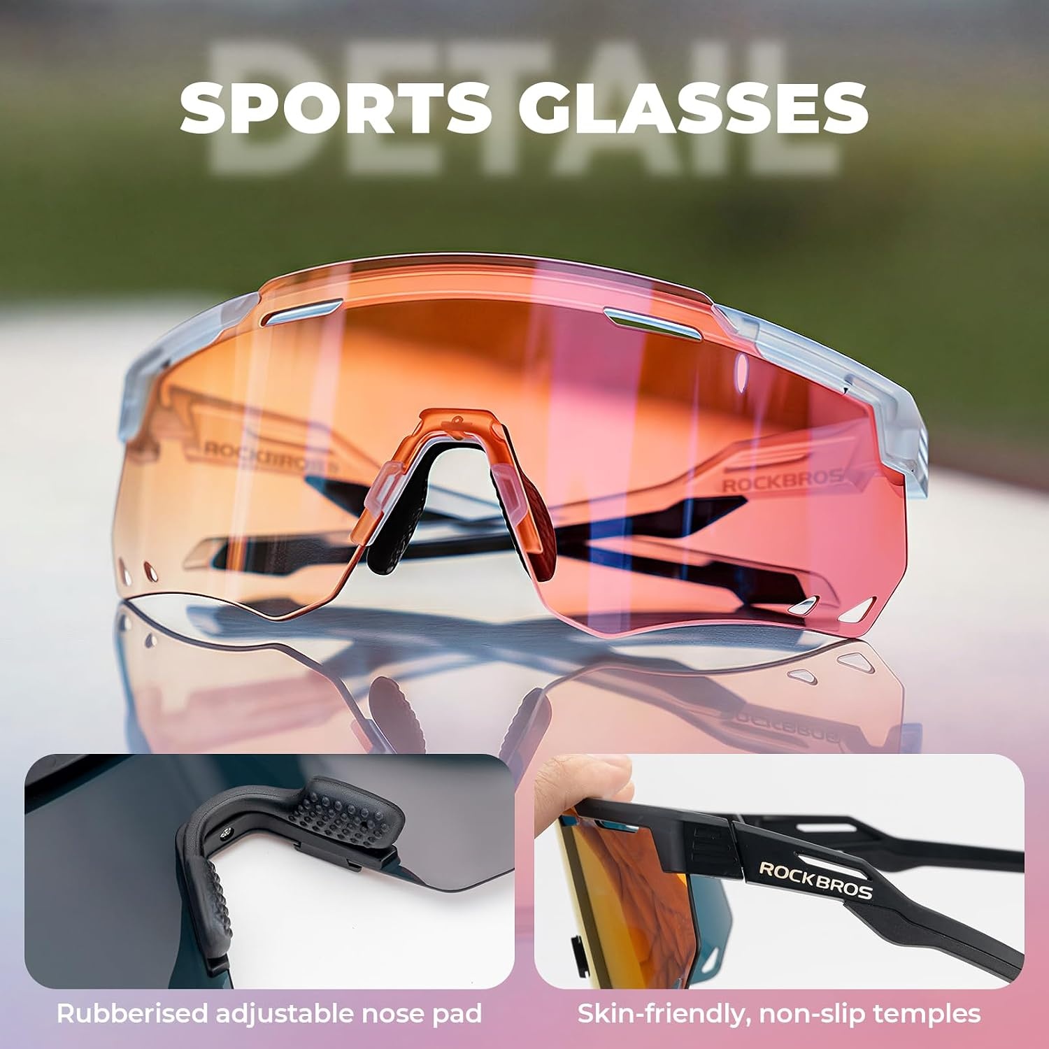 image:imageROCKBROS Cycling Glasses Photochromic Sports Sunglasses for Men Woman UV Protection Biking SunglassesA1 Photochromic Red Lens Matte Transparent Frame