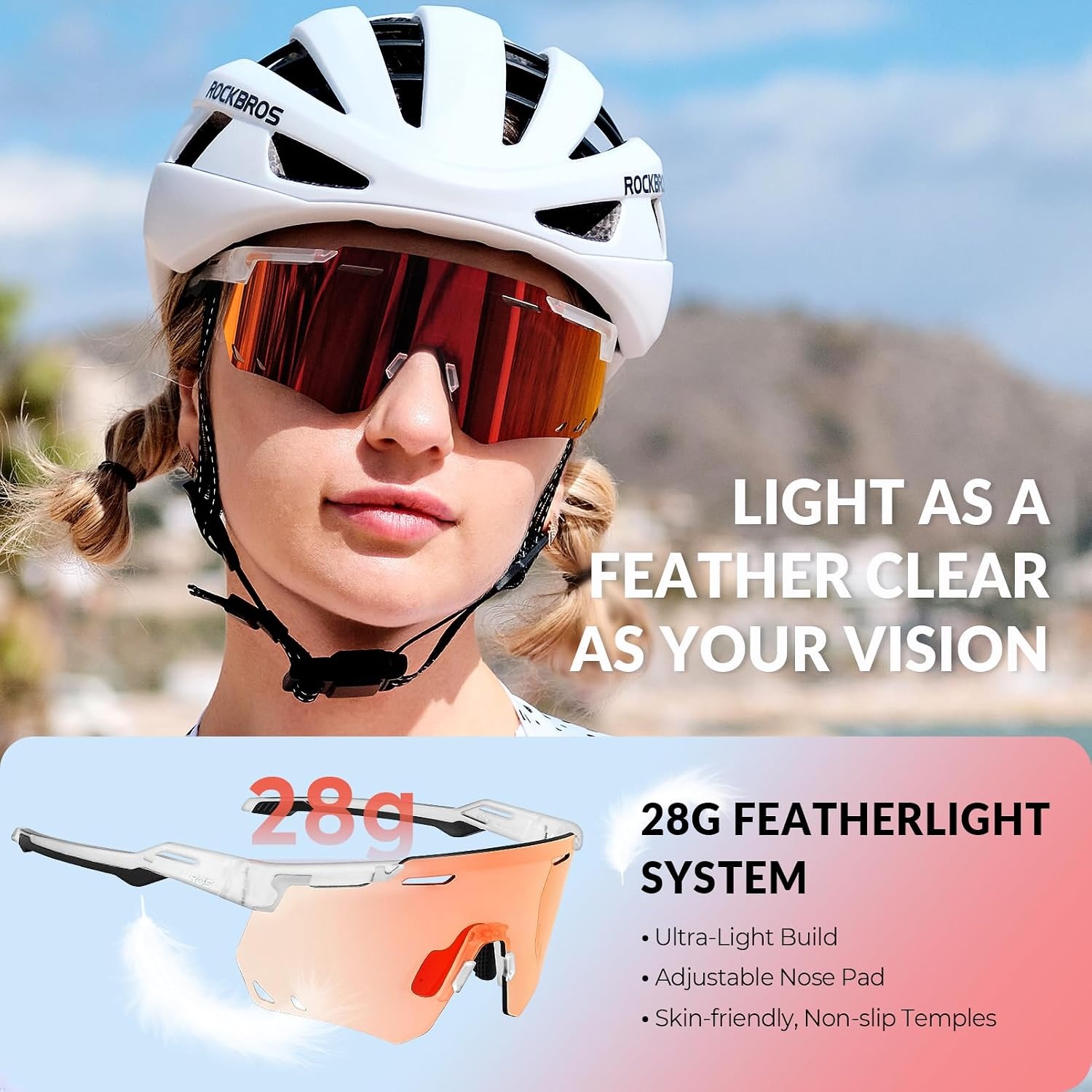 image:imageROCKBROS Cycling Glasses Photochromic Sports Sunglasses for Men Woman UV Protection Biking SunglassesA1 Photochromic Red Lens Matte Transparent Frame