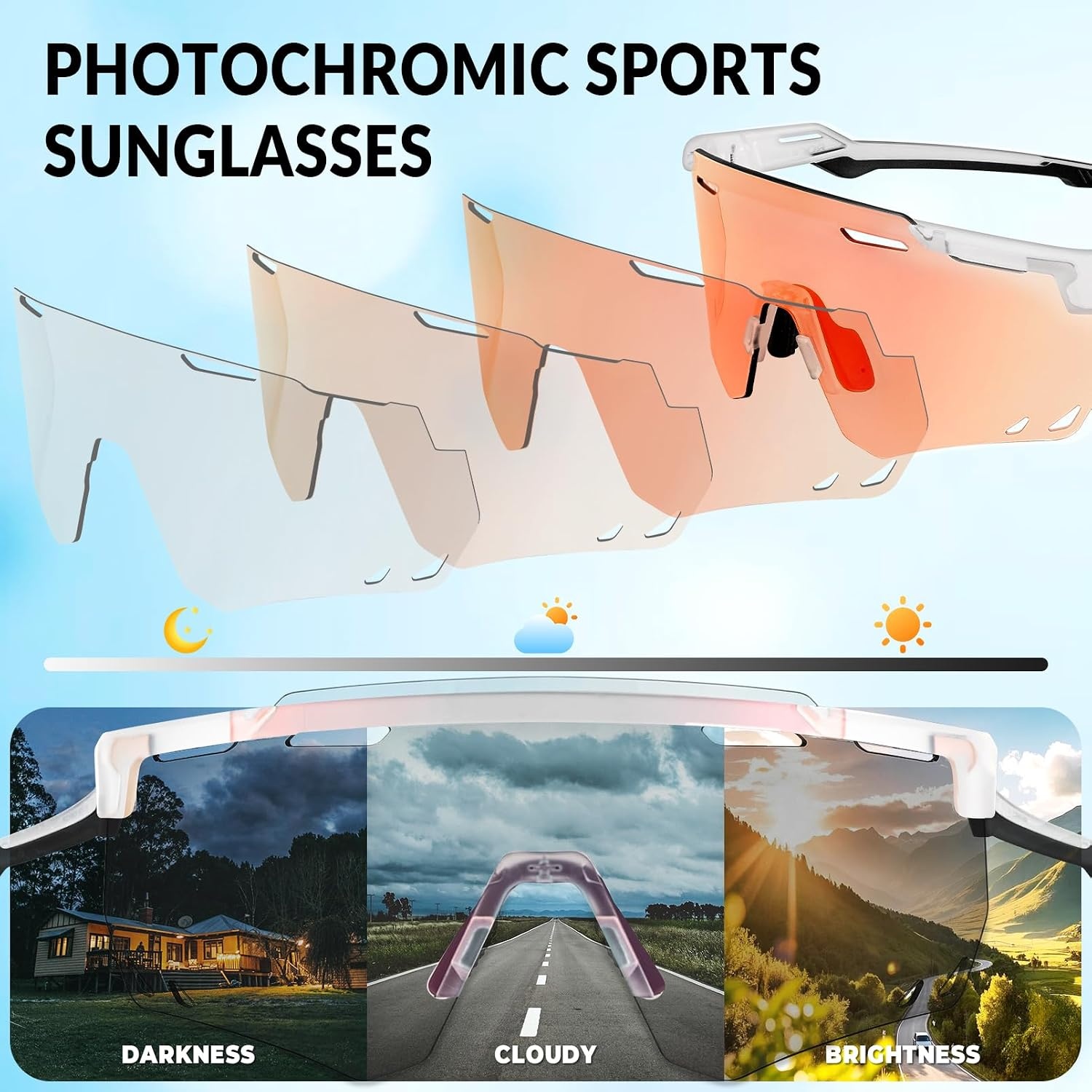 image:imageROCKBROS Cycling Glasses Photochromic Sports Sunglasses for Men Woman UV Protection Biking SunglassesA1 Photochromic Red Lens Matte Transparent Frame