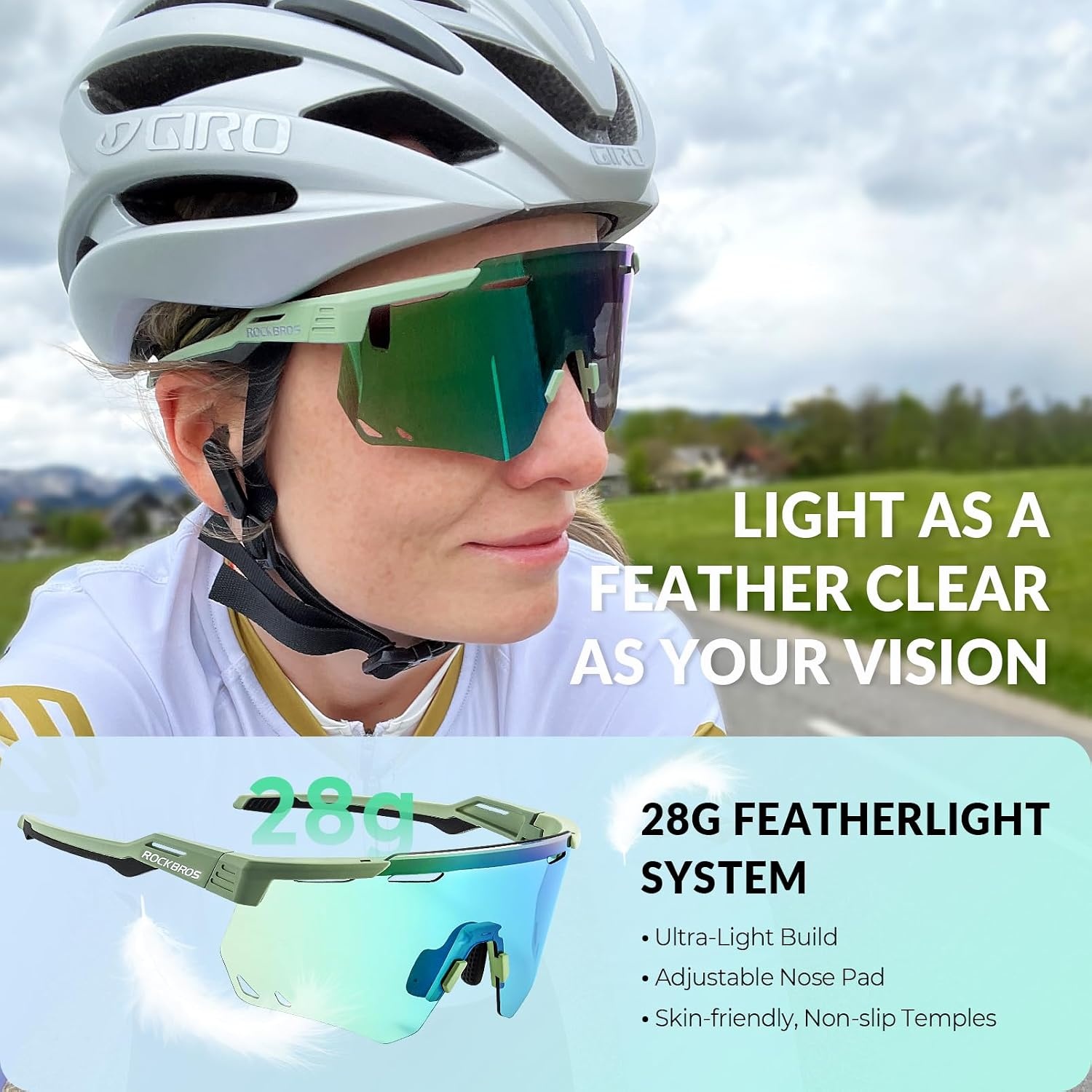 image:imageROCKBROS Cycling Glasses Photochromic Sports Sunglasses for Men Woman UV Protection Biking SunglassesA2 Photochromic Green Lens Green Frame