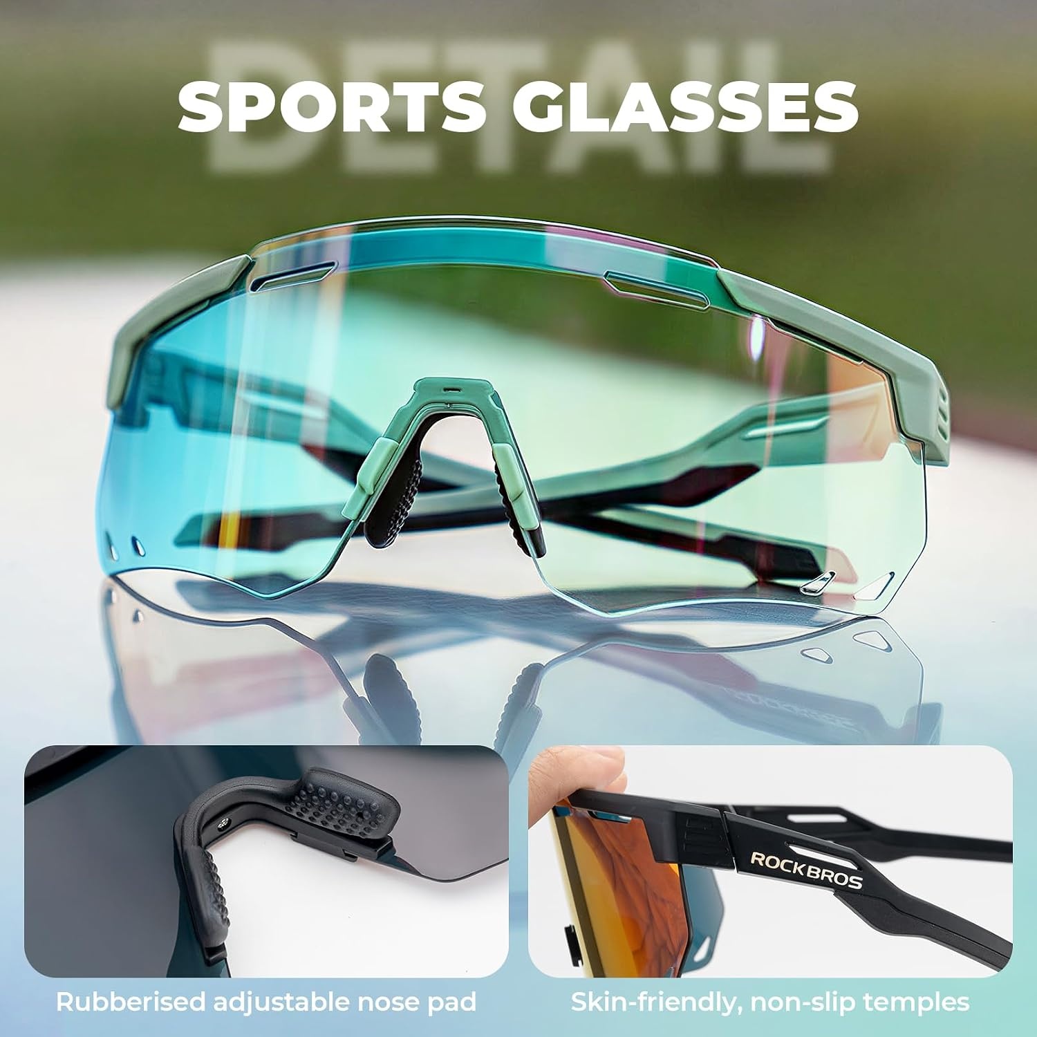 image:imageROCKBROS Cycling Glasses Photochromic Sports Sunglasses for Men Woman UV Protection Biking SunglassesA2 Photochromic Green Lens Green Frame